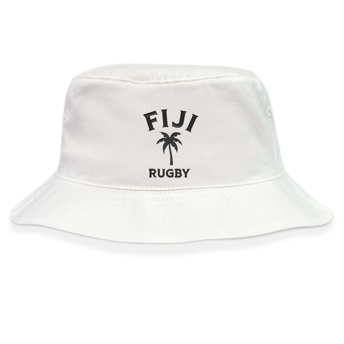 The EMB S&S Activewear Nations of Rugby Fiji Rugby Crusher Bucket Hat features white cotton twill with "FIJI RUGBY" and a palm tree graphic printed in black—an ideal pick for any rugby fan's hat collection.