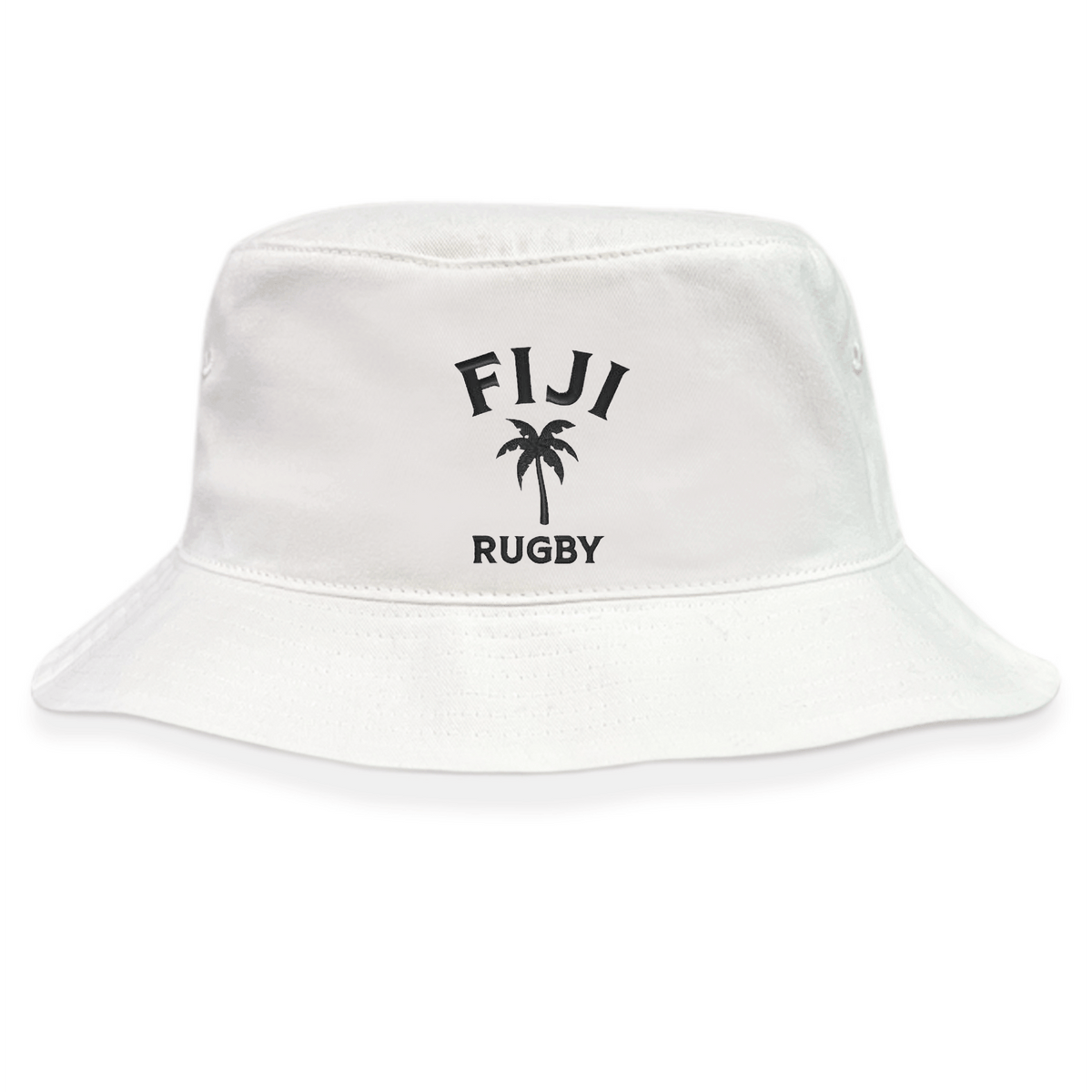 The EMB S&S Activewear Nations of Rugby Fiji Rugby Crusher Bucket Hat features white cotton twill with "FIJI RUGBY" and a palm tree graphic printed in black—an ideal pick for any rugby fan's hat collection.