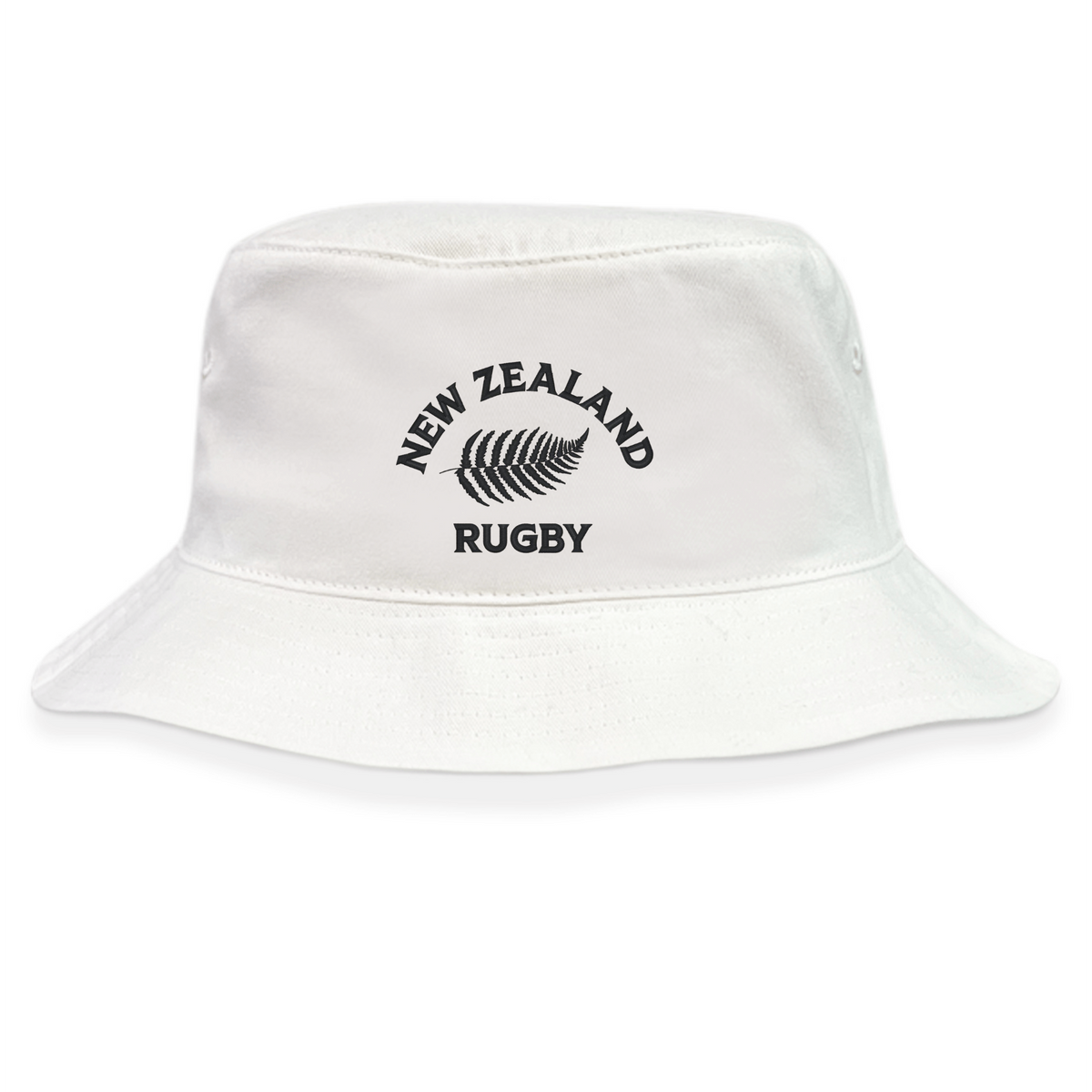 The EMB S&S Activewear Nations of Rugby New Zealand Rugby Crusher Bucket Hat features "NEW ZEALAND RUGBY" text and a black fern logo on the front—a must-have for rugby supporters.