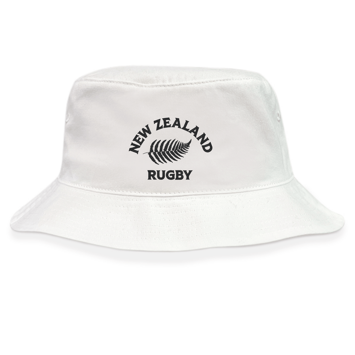The EMB S&S Activewear Nations of Rugby New Zealand Rugby Crusher Bucket Hat features "NEW ZEALAND RUGBY" text and a black fern logo on the front—a must-have for rugby supporters.