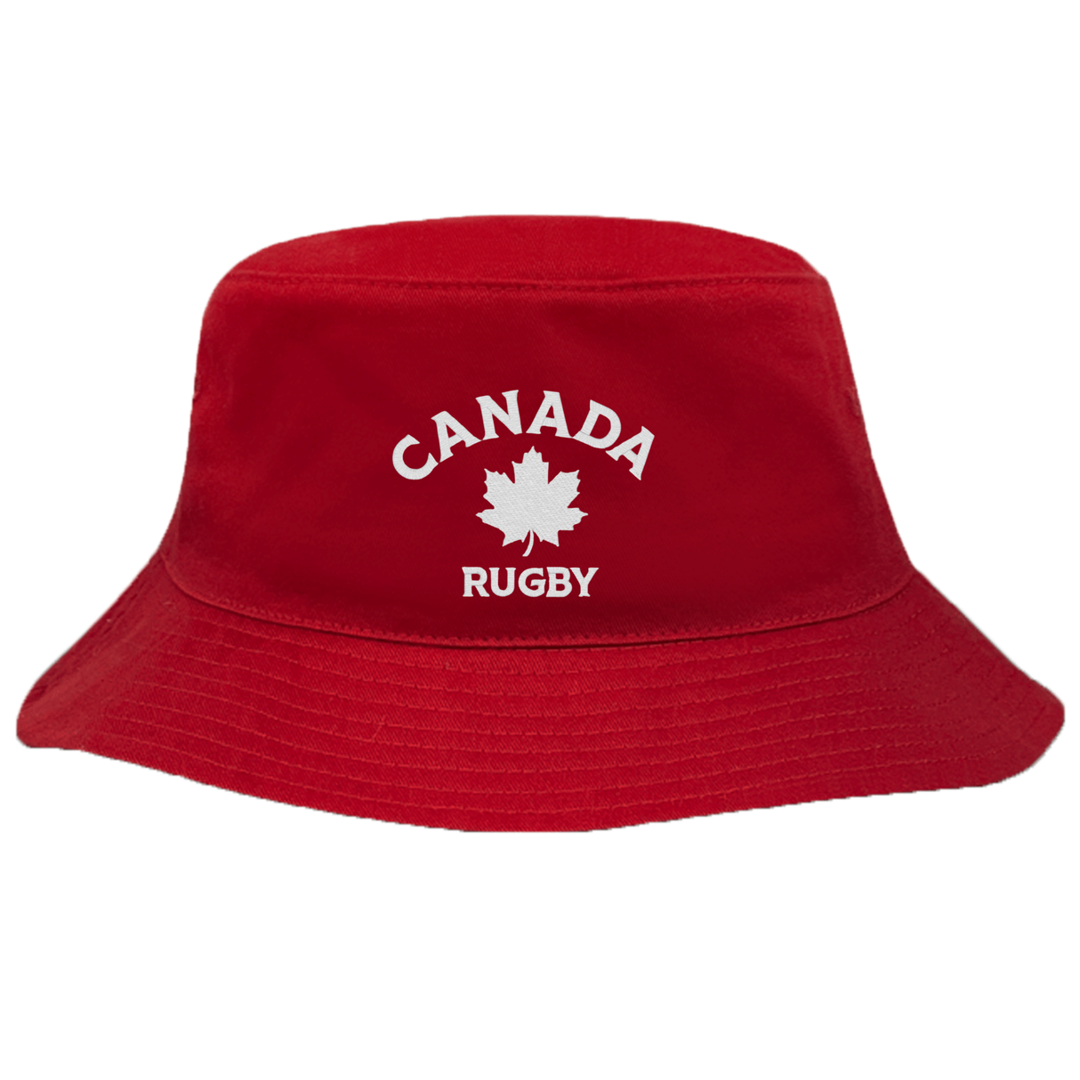 Show your team spirit with the Nations of Rugby Canada Rugby Crusher Bucket Hat by EMB S&S Activewear, featuring "CANADA RUGBY" and a white maple leaf graphic on red cotton twill.