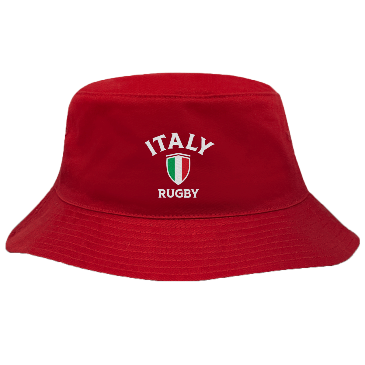 Show your support with the EMB S&S Activewear Nations of Rugby Italy Rugby Crusher Bucket Hat—red cotton twill, featuring "Italy Rugby" and a shield in Italian flag colors embroidered on the front.