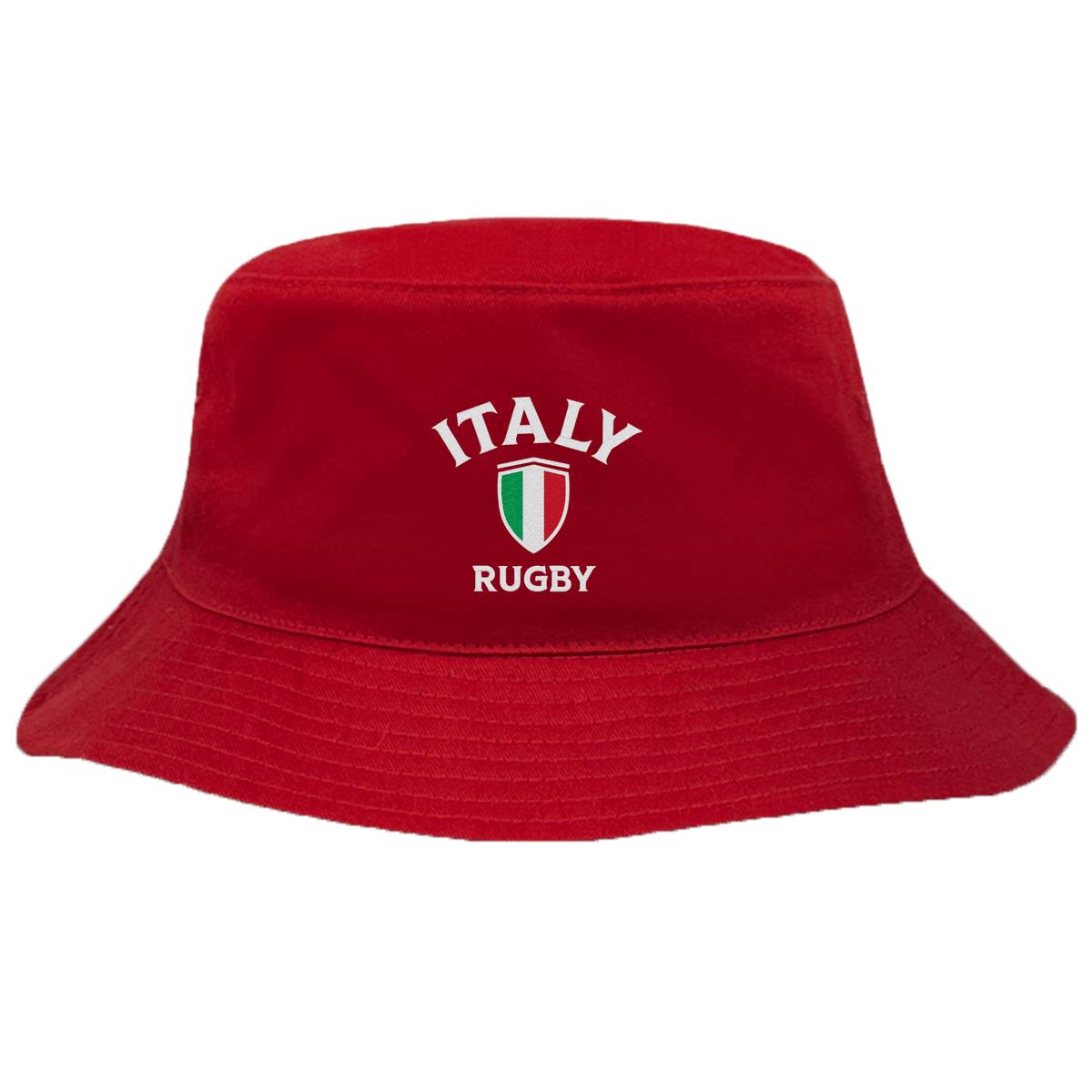 Show your support with the EMB S&S Activewear Nations of Rugby Italy Rugby Crusher Bucket Hat—red cotton twill, featuring "Italy Rugby" and a shield in Italian flag colors embroidered on the front.