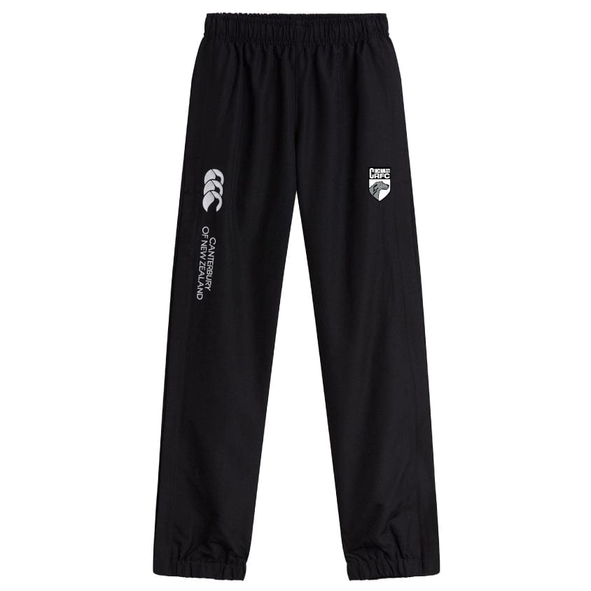 Cincinnati Wolfhounds Cuffed Hem Stadium Pant by Canterbury: Black track pants with an elastic waistband and cuffs, offering exceptional comfort and durability. Features two logos: one on the left thigh with "Canterbury of New Zealand" text, and one on the right thigh with a shield and text. Perfect as rugby pants for both play and leisure. Brand: EMB Canterbury.