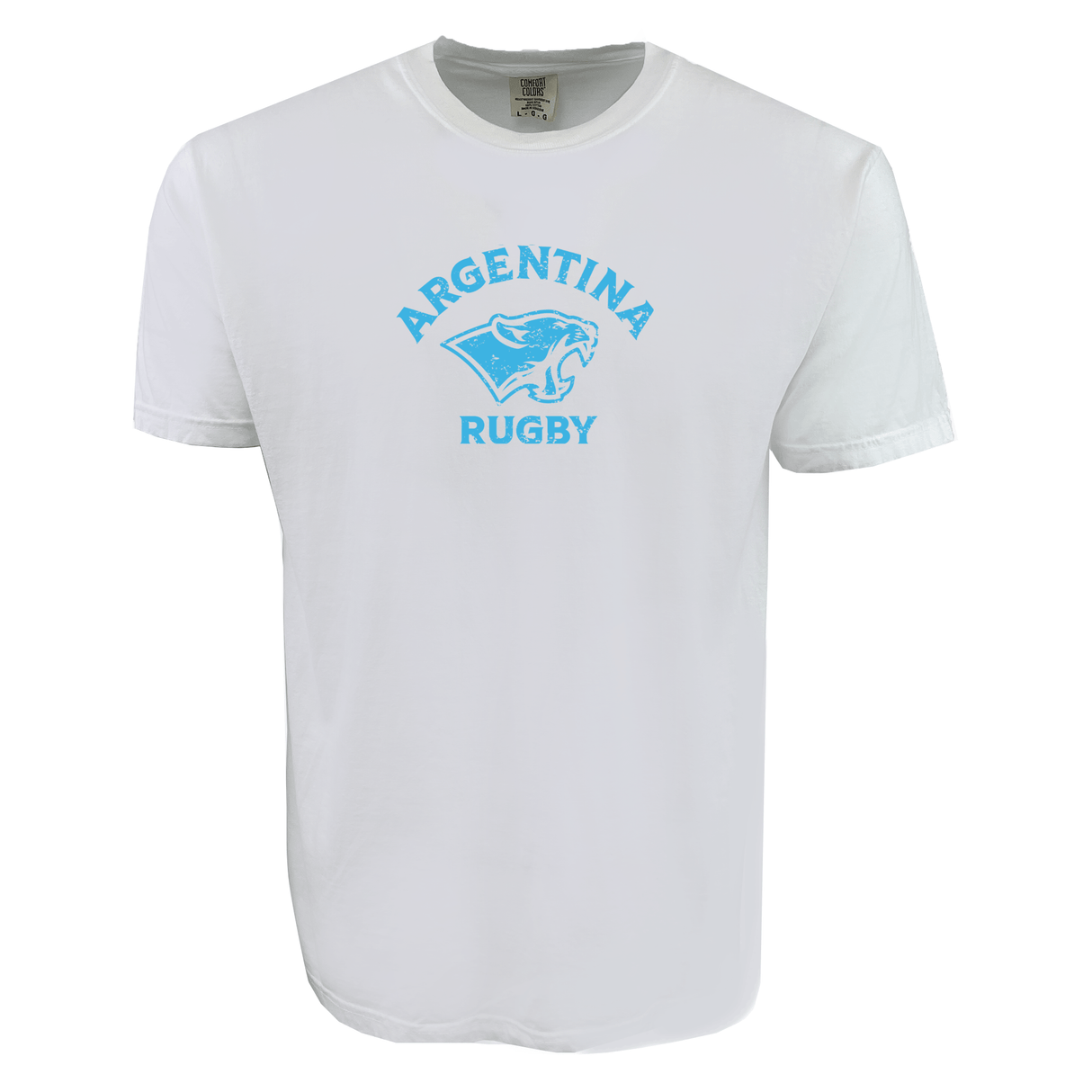 The Nations of Rugby Argentina Heavy Comfort Tee by WRS S&S Activewear is a custom white tee with light blue "Argentina Rugby" text and a bold puma graphic on the front.