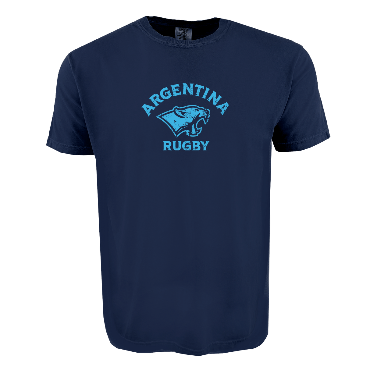 The Nations of Rugby Argentina Heavy Comfort Tee by WRS S&S Activewear features "Argentina Rugby" text and a light blue jaguar head graphic, perfect for rugby fans seeking comfort and national pride.