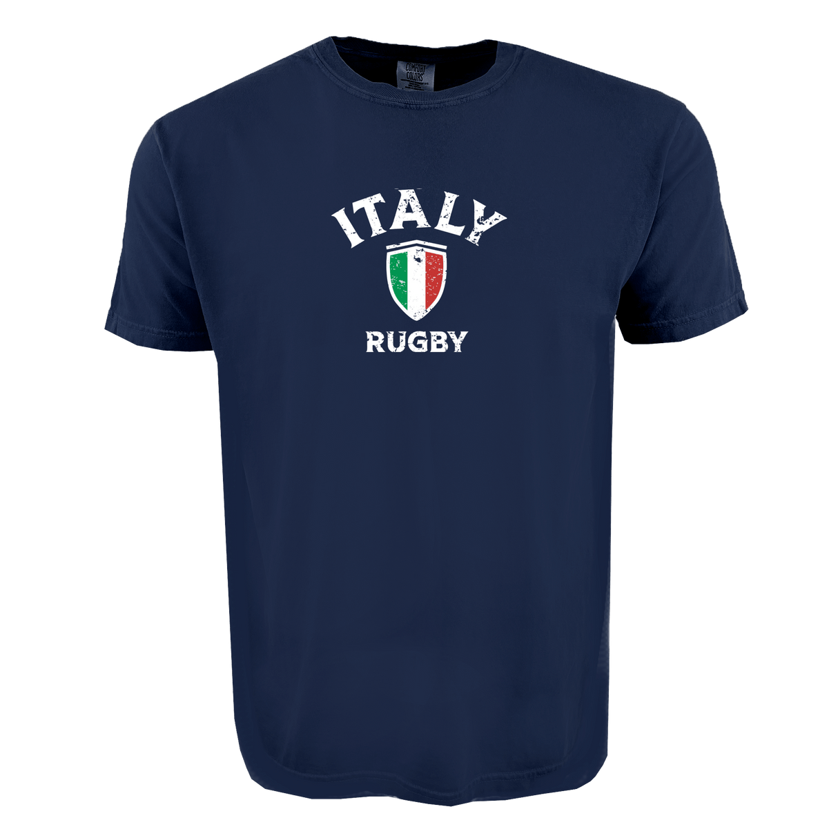 The Nations of Rugby Italy Heavy Comfort Tee by WRS S&S Activewear is a navy blue premium USA cotton shirt with "ITALY RUGBY" text and an Italian flag shield on the front.