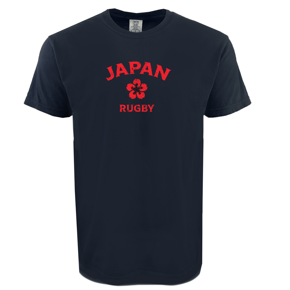 The WRS S&S Activewear Nations of Rugby Japan Heavy Comfort Tee is a black USA cotton shirt with "Japan Rugby" and a red cherry blossom printed on the chest.
