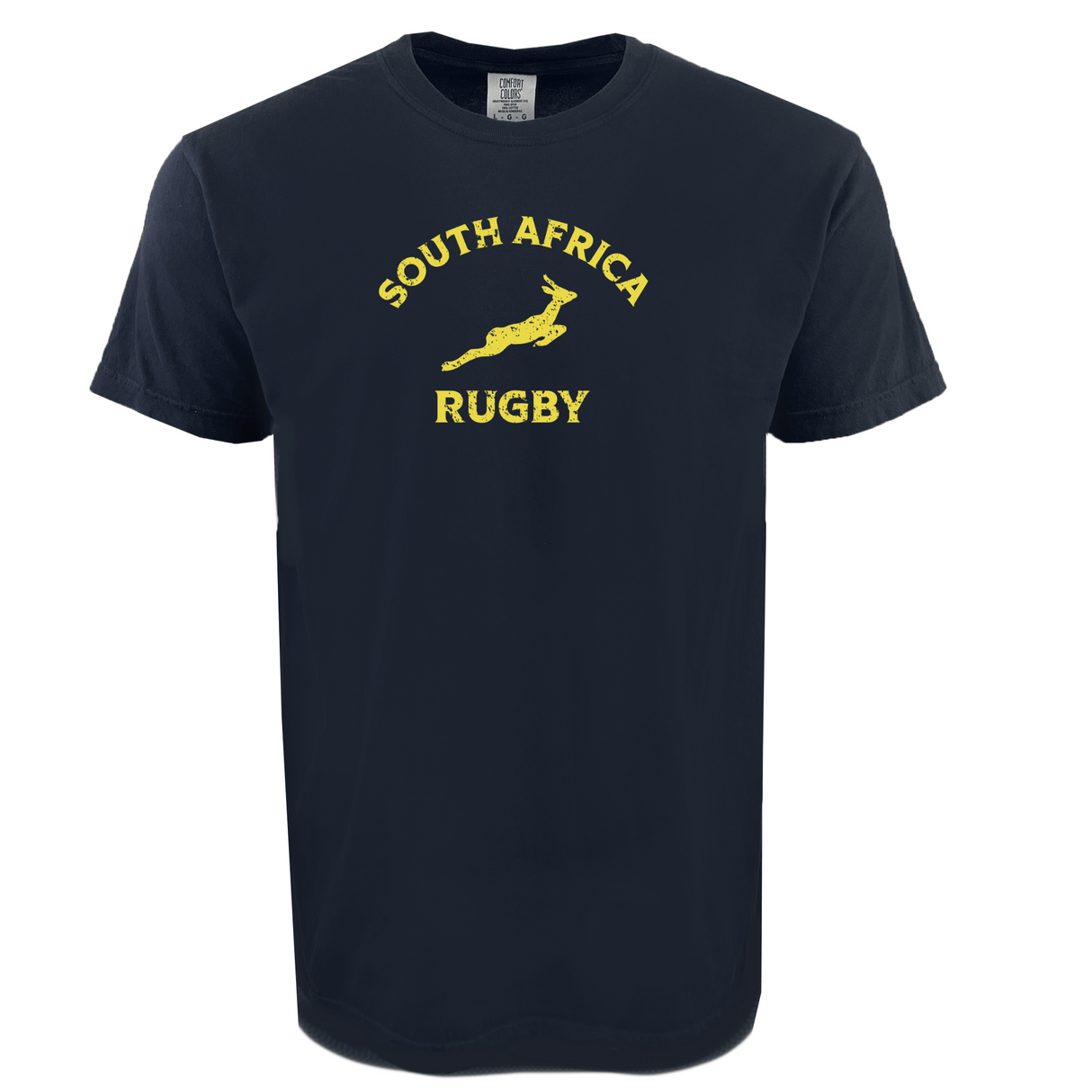 The WRS S&S Activewear Nations of Rugby South Africa Heavy Comfort Tee is black, made from premium USA cotton, and features yellow "South Africa Rugby" text with a leaping springbok logo in the center.