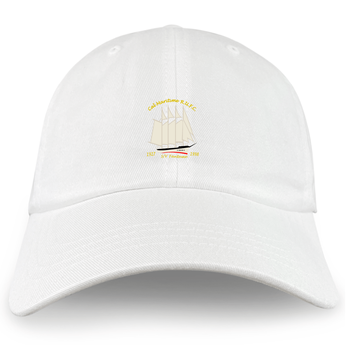 The Cal Maritime Rugby Adult Low-Profile Cotton Twill Dad Cap by EMB S&S Activewear features embroidered team branding with a sailing ship logo and the text “Calshotmoose R.F.C. 1937 S/Y Fantome 1985” on the front.