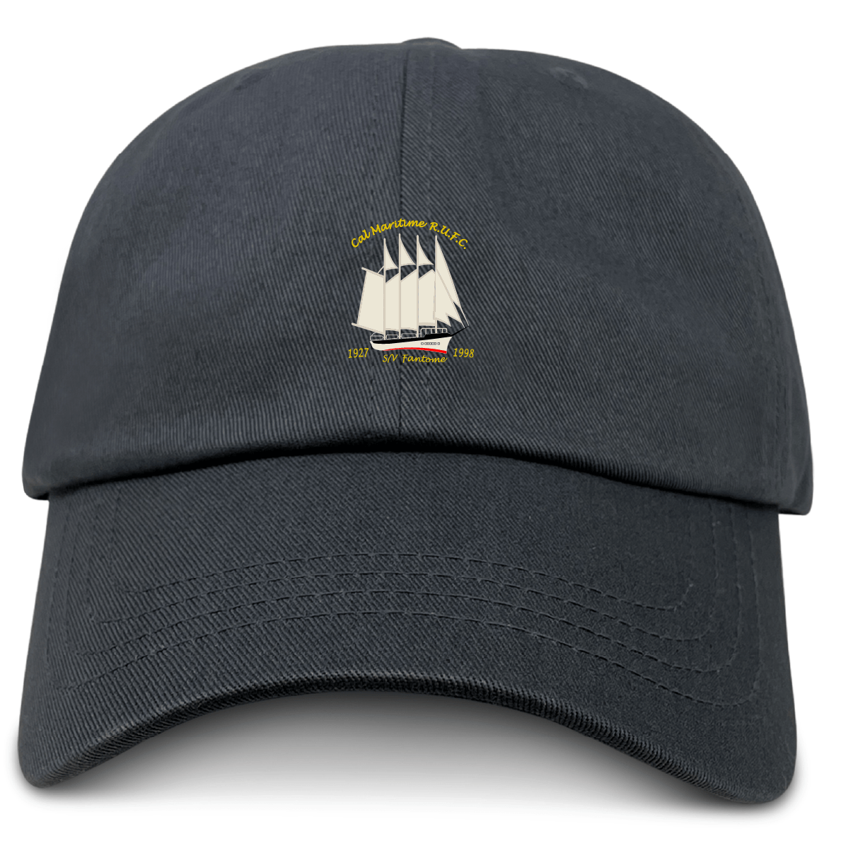 The Cal Maritime Rugby Adult Low-Profile Cotton Twill Dad Cap by EMB S&S Activewear is a classic black hat with embroidered team branding: a white sailing ship, yellow text, and the years 1937 and 1986 on the front.