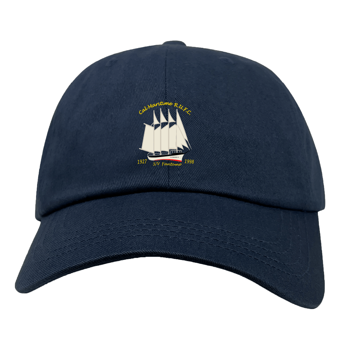 The Cal Maritime Rugby Adult Low-Profile Cotton Twill Dad Cap by EMB S&S Activewear features navy blue cotton twill, an embroidered white sailing ship, "Cal Maritime R.I.F.C." text, and 1927 & 1998 above a red banner.