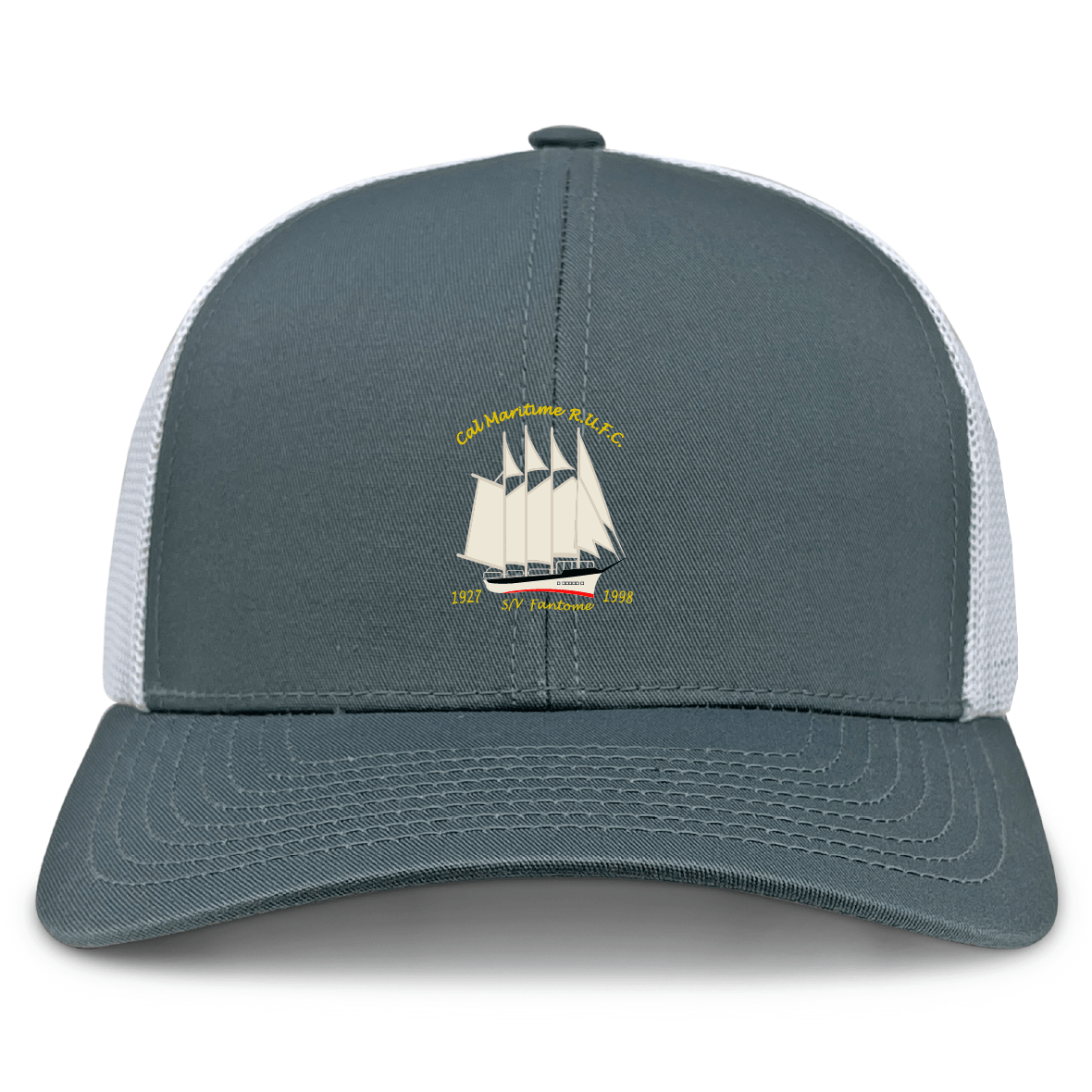 The Cal Maritime Rugby Retro Trucker Cap by EMB S&S Activewear features a gray and white mesh back, embroidered sailboat, yellow "Coll. Maritime P.M.P.C. S/Y Padua 1927" text, and an adjustable snapback closure for a retro look.