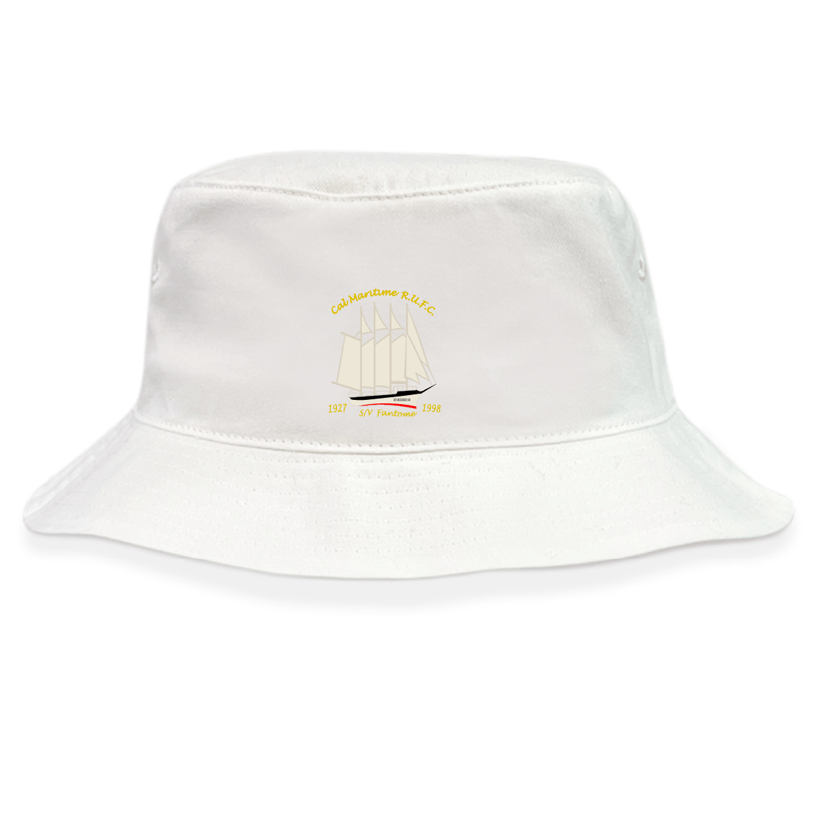 The Cal Maritime Rugby Crusher Bucket Cap by EMB S&S Activewear is a white cotton twill hat with an embroidered sailboat, gold and black text, and the years 1921 and 1938 on the front for stylish sun protection.