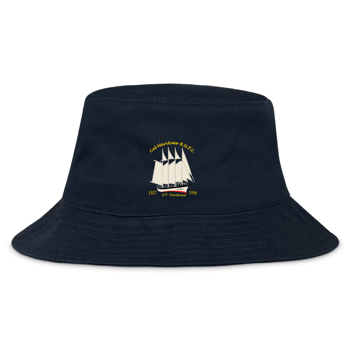 The Cal Maritime Rugby Crusher Bucket Cap by EMB S&S Activewear is a navy blue cotton twill hat with an embroidered white sailing ship and yellow "Cal Maritime R.I.P.C. 1927 S/V Tanker 1994" text, offering comfortable sun protection.