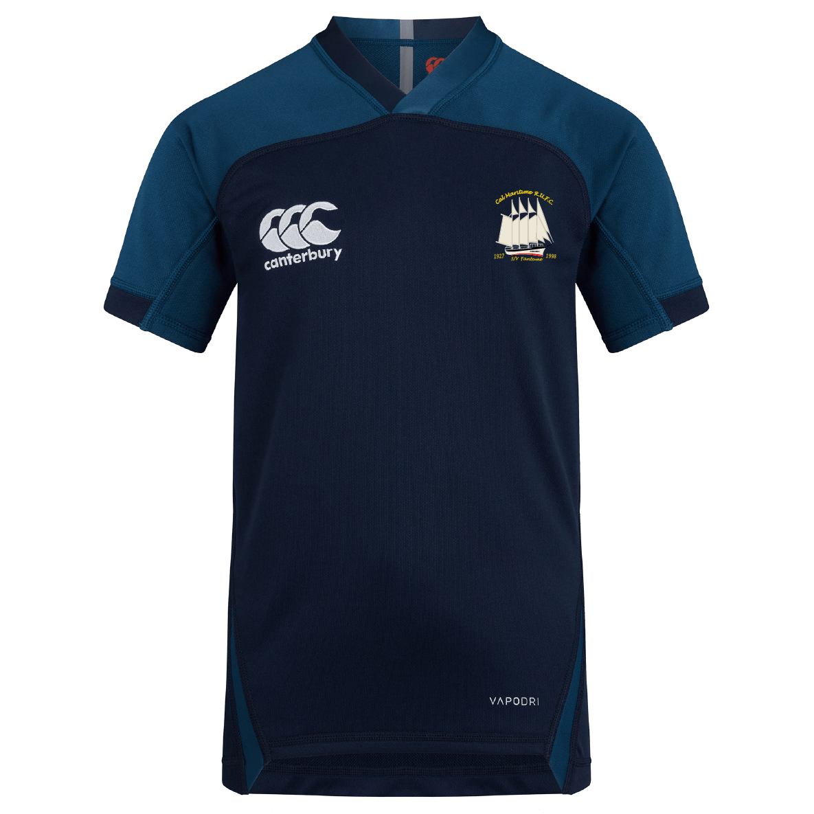 The Cal Maritime Rugby Vapodri Evader Jersey by EMB Canterbury is a navy blue and teal short-sleeve top with a white "Canterbury" logo, ship emblem on the left chest, and moisture-wicking technology for comfort during play.