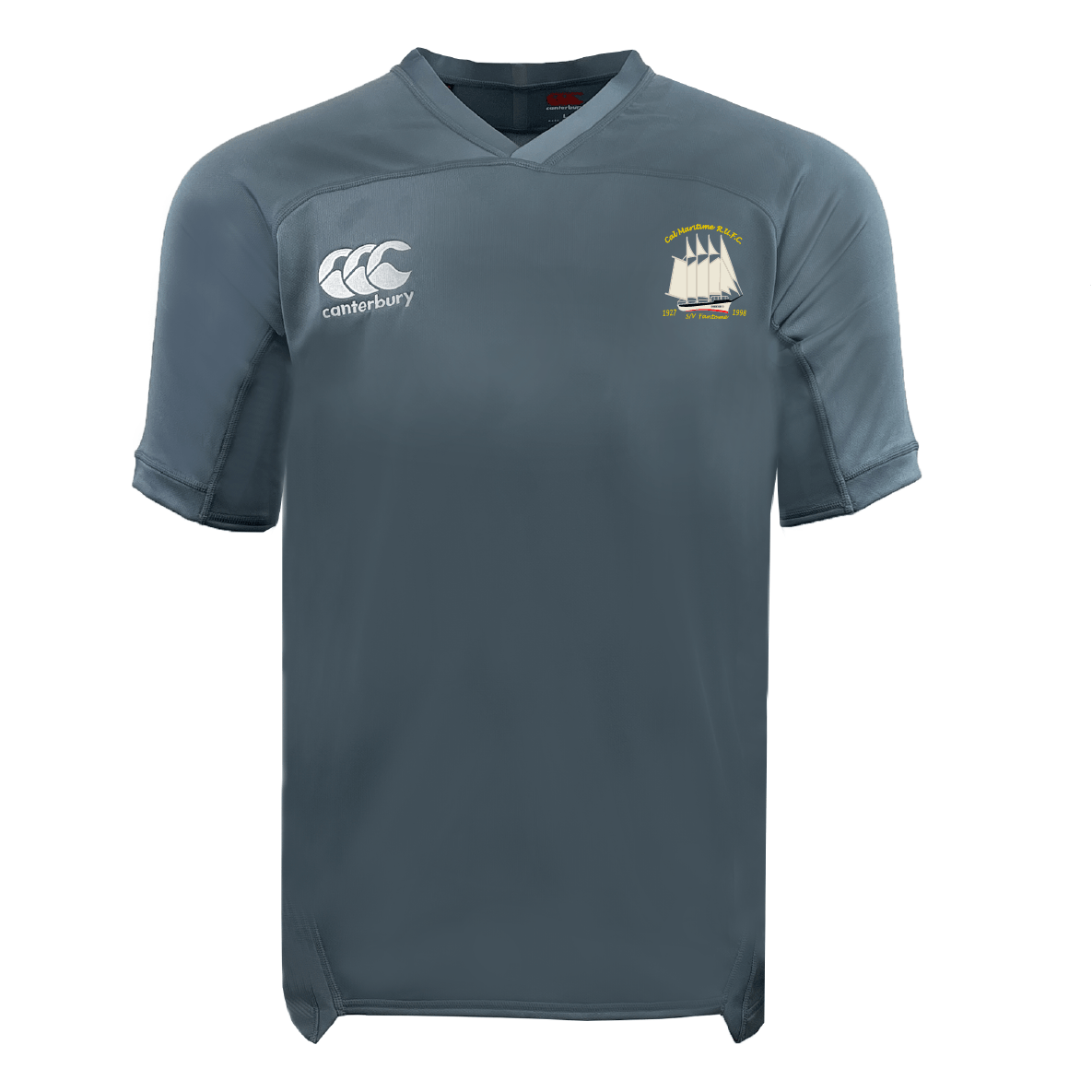 The Cal Maritime Rugby Vapodri Evader Jersey by EMB Canterbury is a gray short-sleeve top with a Canterbury logo on the right chest, sailboat emblem on the left, and moisture-wicking tech for comfort.