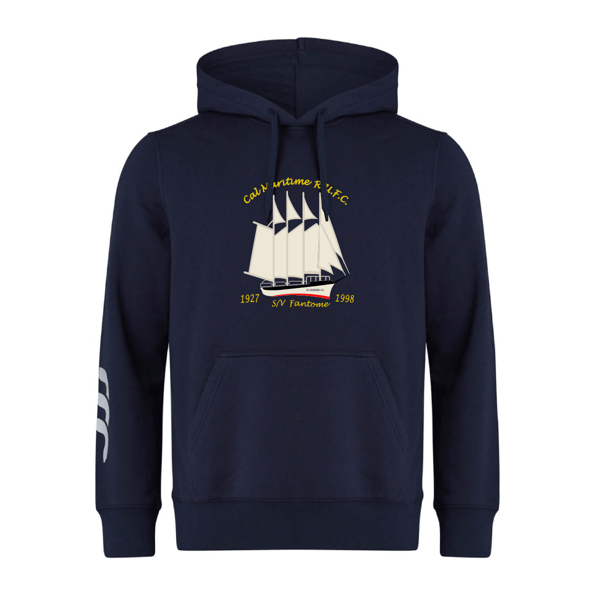 The Cal Maritime Rugby Club Hoodie by WRS Canterbury is a navy blue custom rugby hoodie with a sailboat graphic, yellow "Club Marítimo R LYC 1927 S/Y Fantome 1998" text on the front, and three white stripes on the left sleeve.