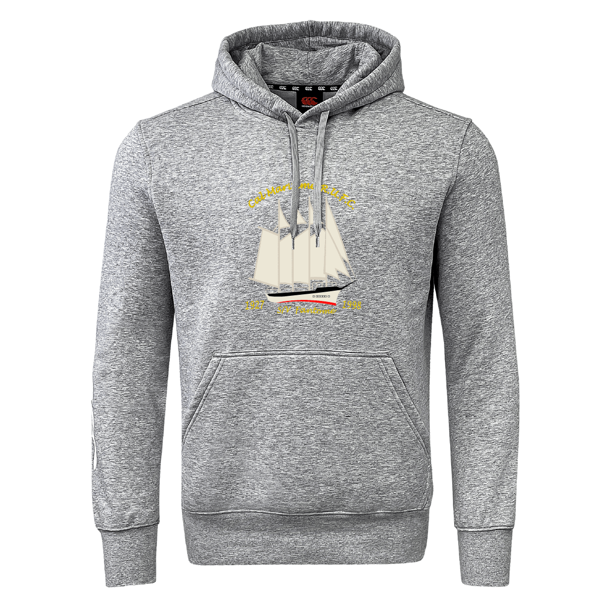 Show your Cal Maritime Rugby Club pride in style with the WRS Canterbury hoodie, featuring a sailing ship illustration, bold yellow chest text, front pocket, and a classic gray design.