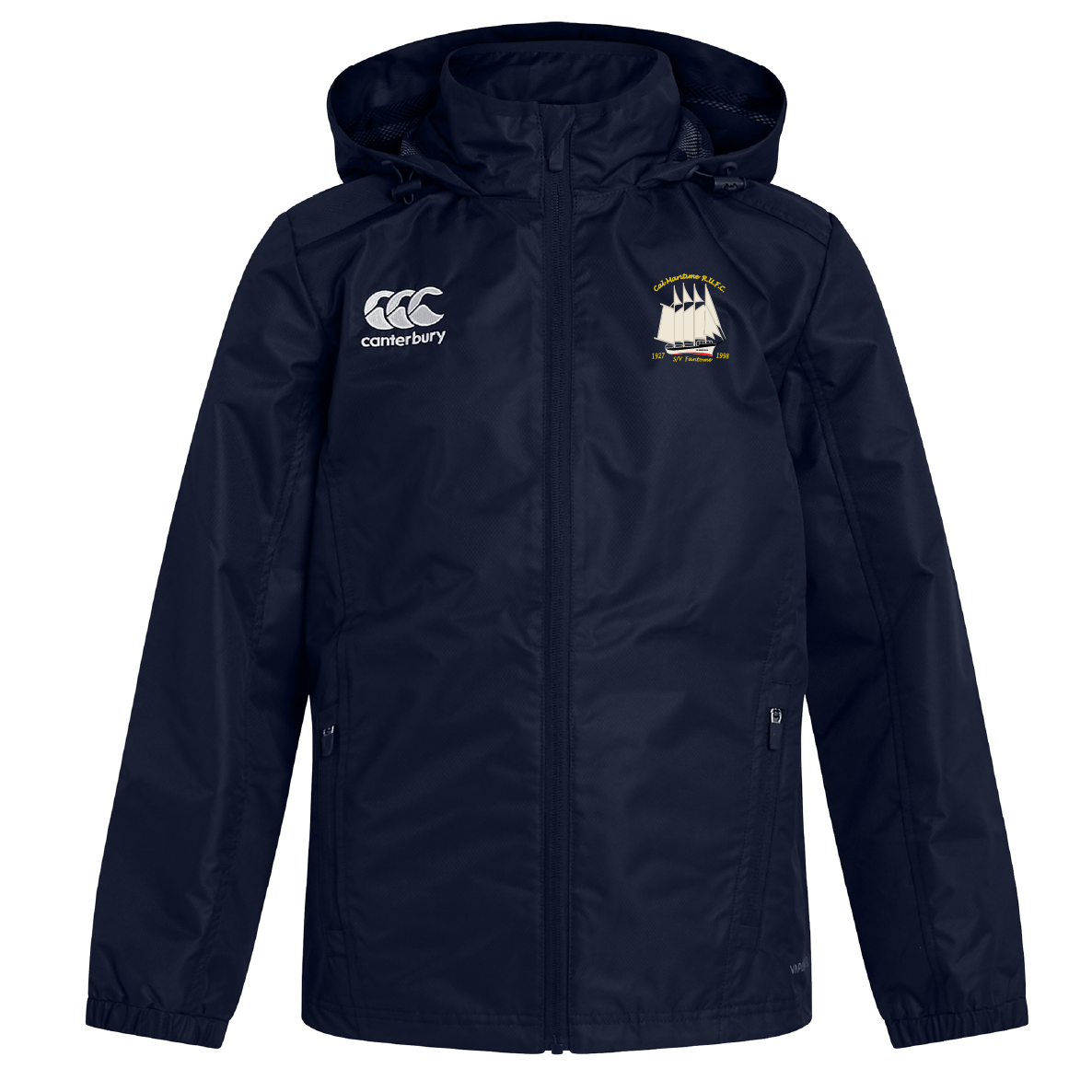 The Cal Maritime Rugby Club Vaposhield Stadium Jacket by EMB Canterbury is a navy blue, hooded, padded jacket with a zipper, Canterbury logo on the right chest, and a sailboat emblem on the left chest.