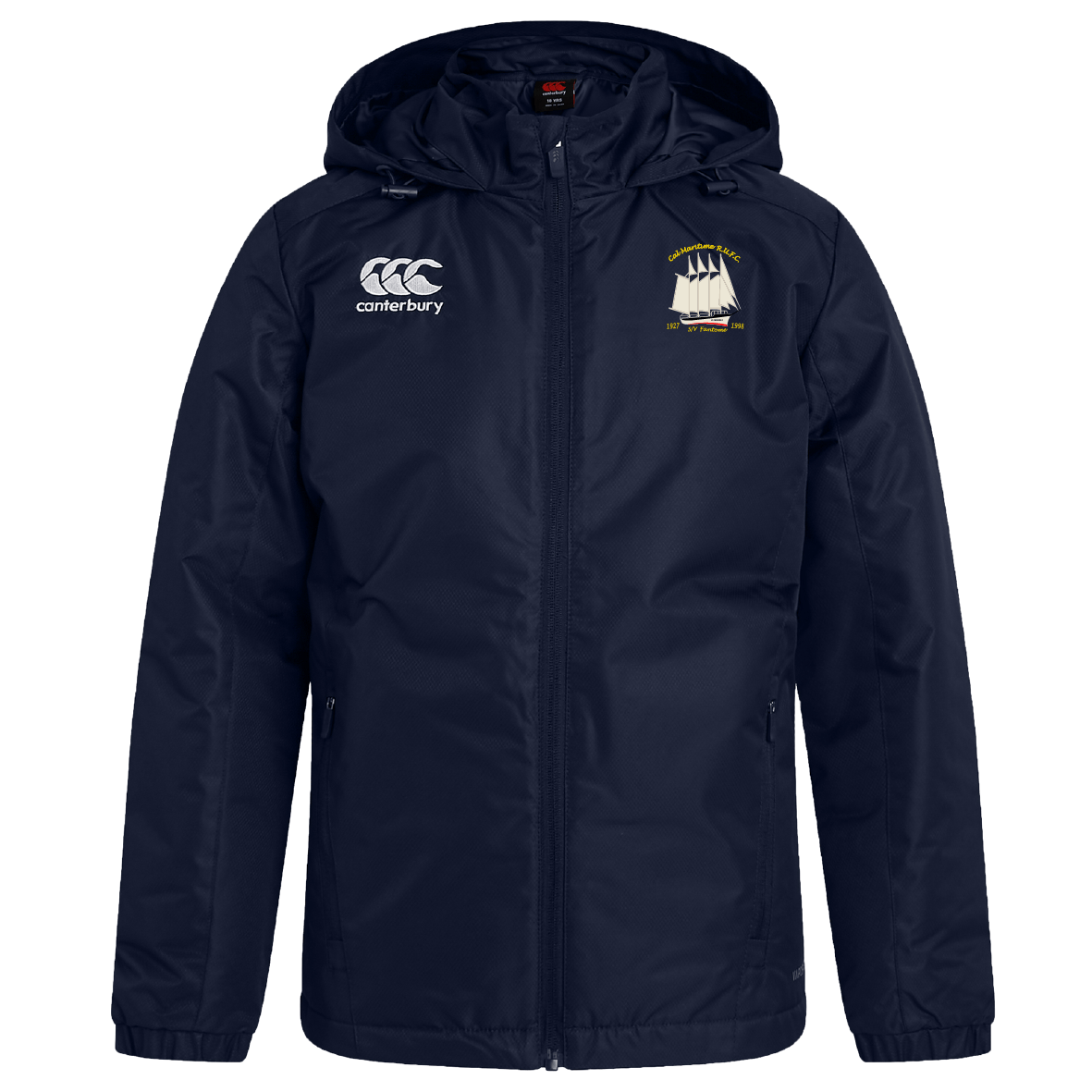 The Cal Maritime Rugby Club Vaposhield Full Zip Rain Jacket by EMB Canterbury features a navy blue hood, full zipper, right chest Canterbury logo, left chest embroidered sailing ship emblem, and water-resistant VapoShield technology.