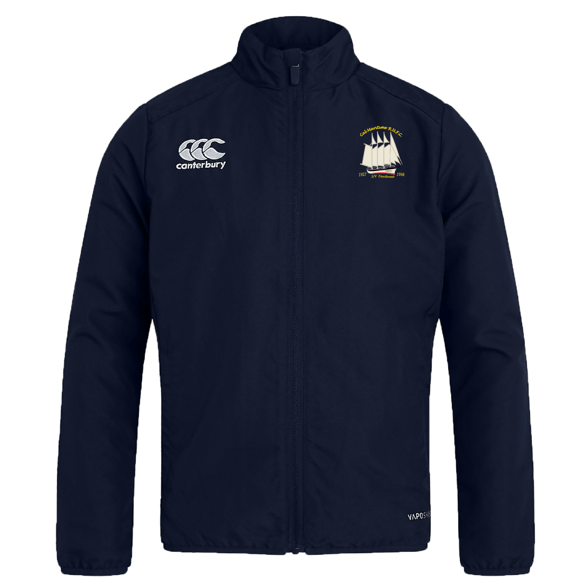 The Cal Maritime Rugby Club Track Jacket by EMB Canterbury features a navy zip-up design, right chest Canterbury logo, and sailboat emblem on the left. This lightweight, quick-drying jacket is ideal for active or casual wear.
