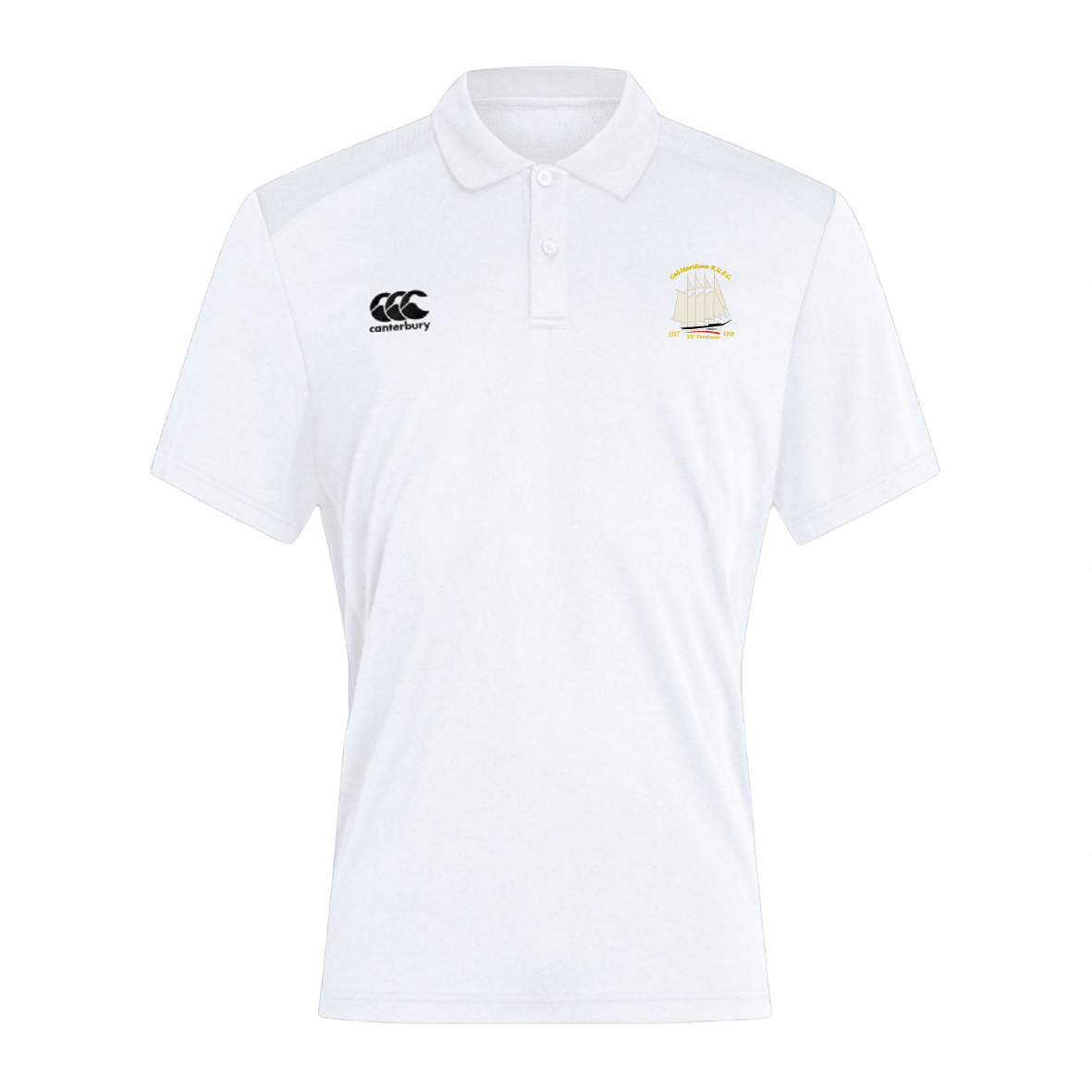 The Cal Maritime Rugby Waimak Polo by EMB Canterbury is a classic white men’s polo with short sleeves, a collar, and two embroidered chest logos in the signature Canterbury rugby style.
