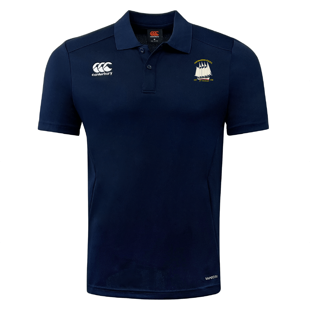 The Cal Maritime Rugby Club Dry Polo by EMB Canterbury is a navy blue, short-sleeve polo with buttons, embroidered ship and Canterbury logos, and Vapodri Technology for breathable comfort.