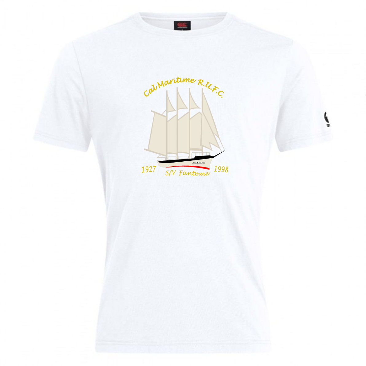The Cal Maritime Rugby Club Plain Tee by WRS Canterbury is a white cotton blend shirt with a four-masted ship illustration and "Cal Maritime R.U.F.C.", "1927", "S/V Fantome", and "1998" printed, offering comfort and style.