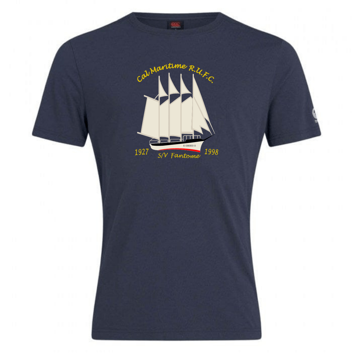 The Cal Maritime Rugby Club Plain Tee by WRS Canterbury is a navy blue cotton blend shirt featuring "Cal Maritime R.U.F.C.," "S/V Fantome," and the years "1927" and "1998." Perfect for maritime fans.