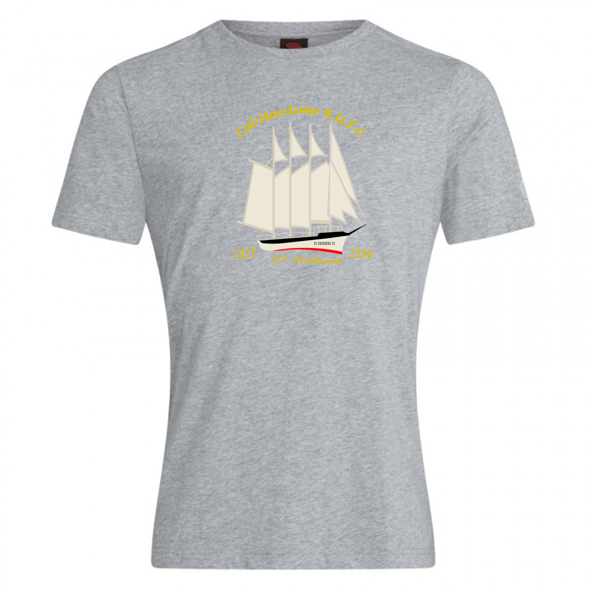 The Cal Maritime Rugby Club Plain Tee by WRS Canterbury is a gray cotton blend T-shirt with a sailing ship graphic and the text "Gold Maritime Routes" plus the dates "1897" and "1909.