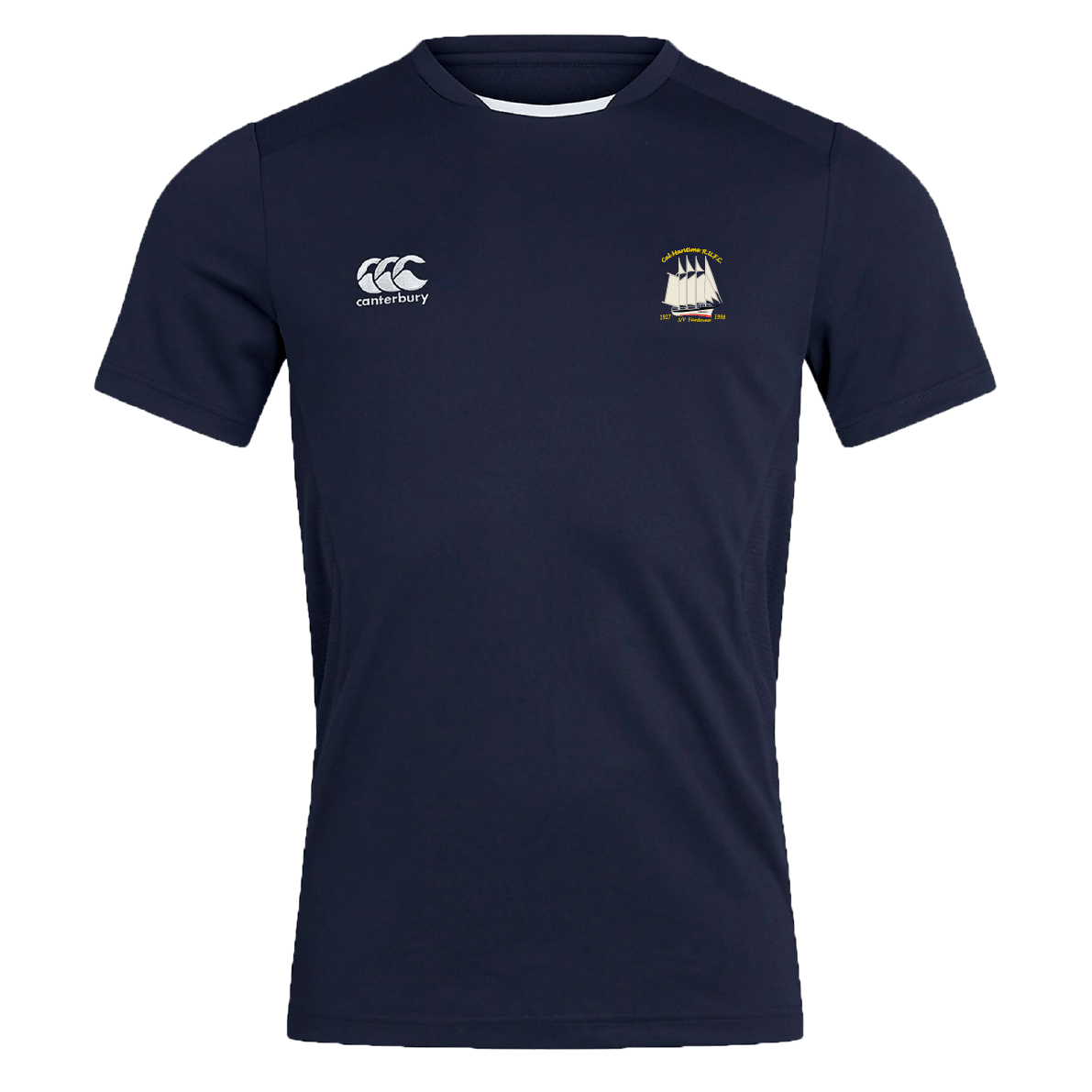 The Cal Maritime Rugby Club Dry Tee by EMB Canterbury is a navy short-sleeve athletic shirt with a ship logo on the left chest, Canterbury logo on the right, and Vapodri tech for cool, dry comfort.