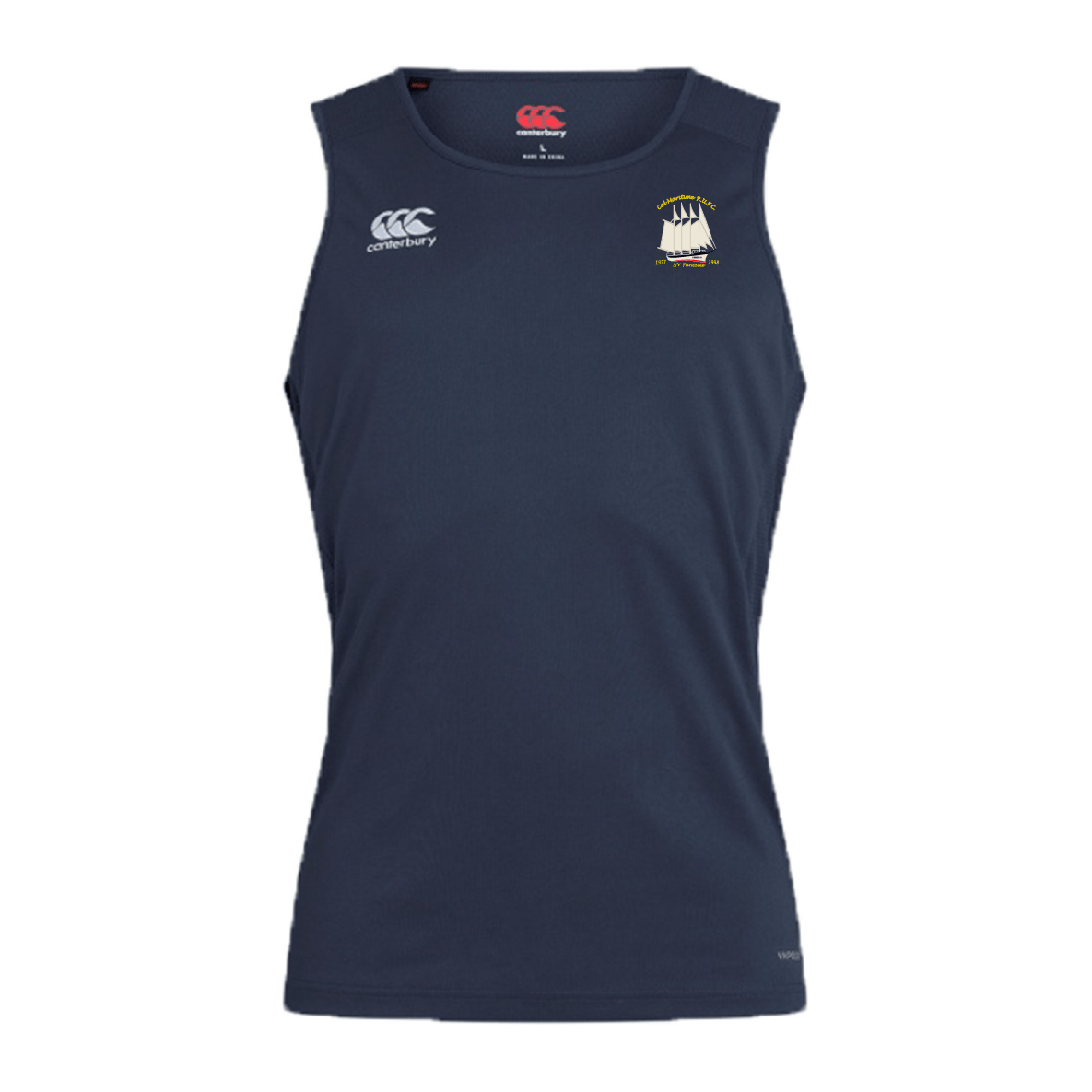 The Cal Maritime Rugby Club Dry Singlet by EMB Canterbury is a navy blue Vapodri athletic top with a sailboat logo on the left chest and the Canterbury logo on the right—ideal for workouts.