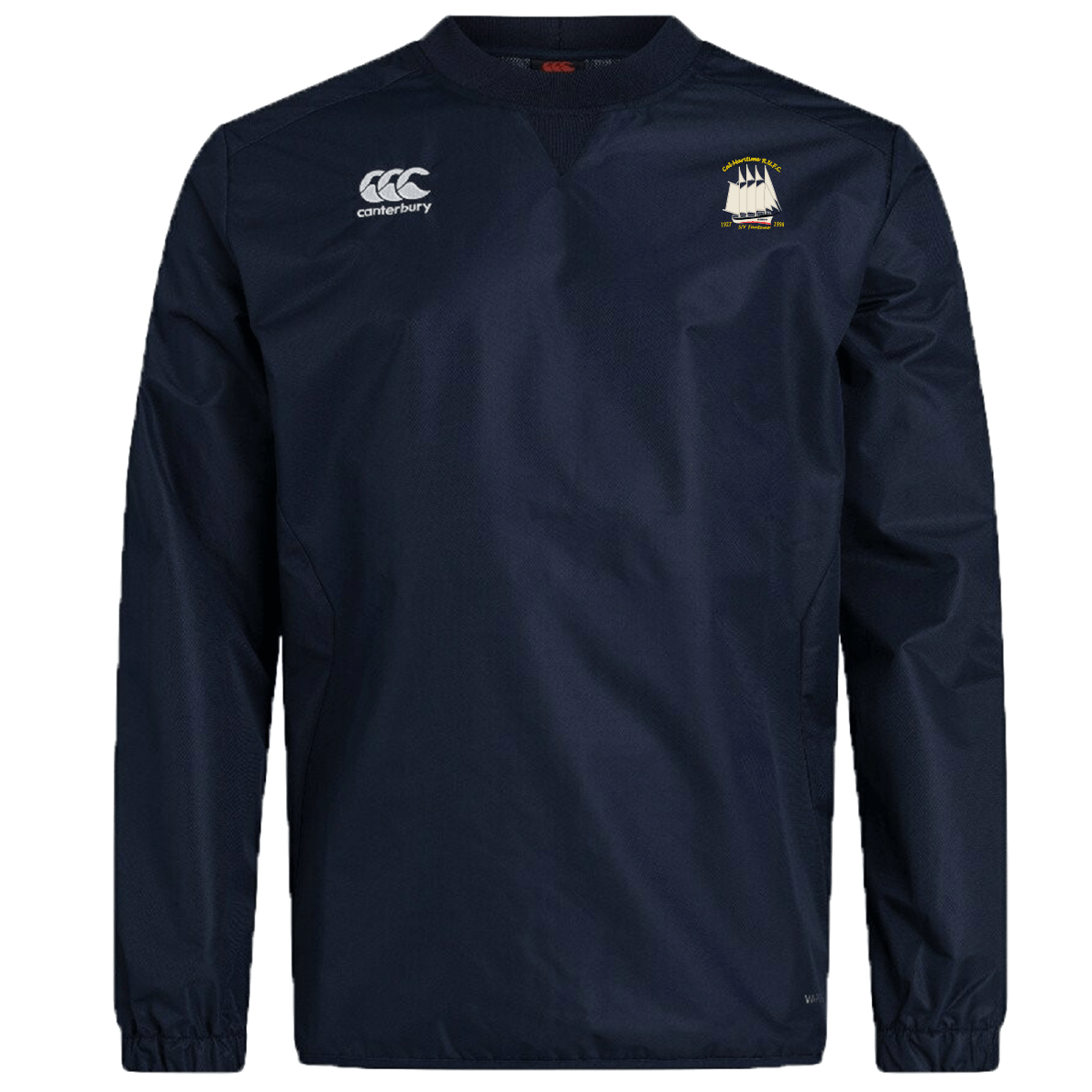 The Cal Maritime Rugby Club Vaposhield Contact Top by EMB Canterbury is a navy long-sleeve pullover with white Canterbury branding on the right chest and a ship emblem on the left, featuring Vaposhield technology.