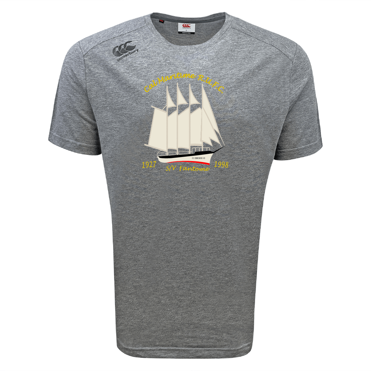 The Cal Maritime Rugby Tempo Vapodri T-Shirt by WRS Canterbury is a grey short-sleeve performance tee featuring a graphic of a sailing ship with the text "Celebration of Life," "S/V Fantome," and the years "1927-1998" on the front.