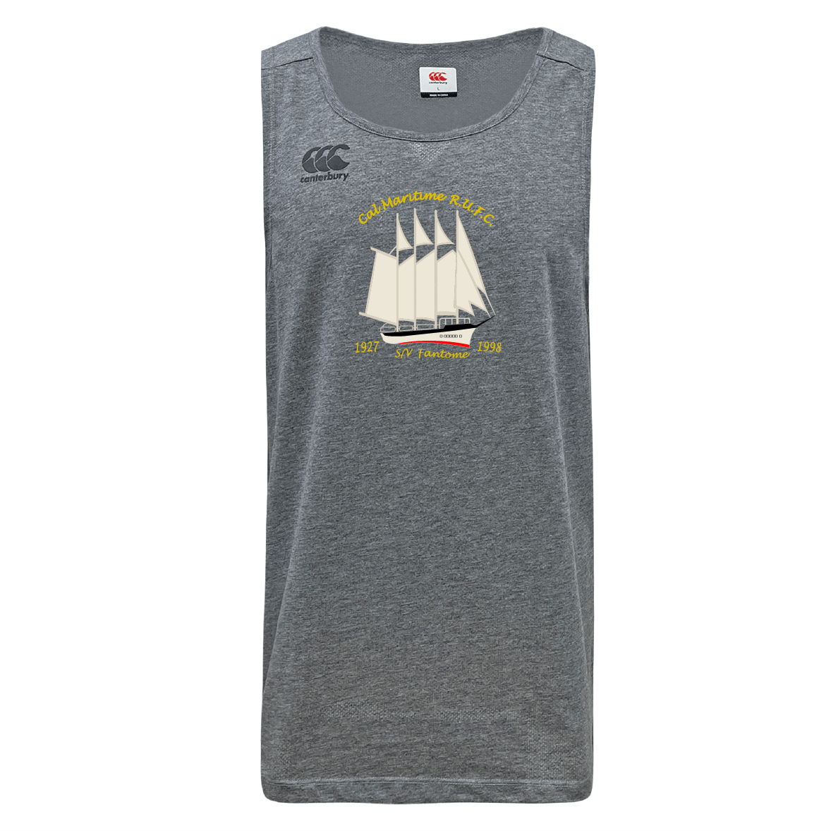 The Cal Maritime Rugby Tempo Vapodri Singlet by WRS Canterbury is a gray sleeveless top made from recycled polyester, with a bold sailing ship graphic and yellow "Cadet Maritime Rugby, 1957, St. Petersburg, 1998" text on the chest.