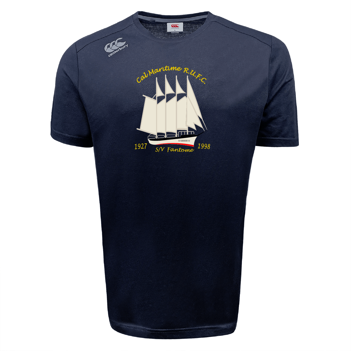 The Cal Maritime Rugby Tempo Vapodri T-Shirt by WRS Canterbury is a navy athletic tee featuring a sailing ship graphic, "Coll Maritime RUFC," "S/V Fantome," and years 1927 & 1998—perfect moisture-wicking sportswear.
