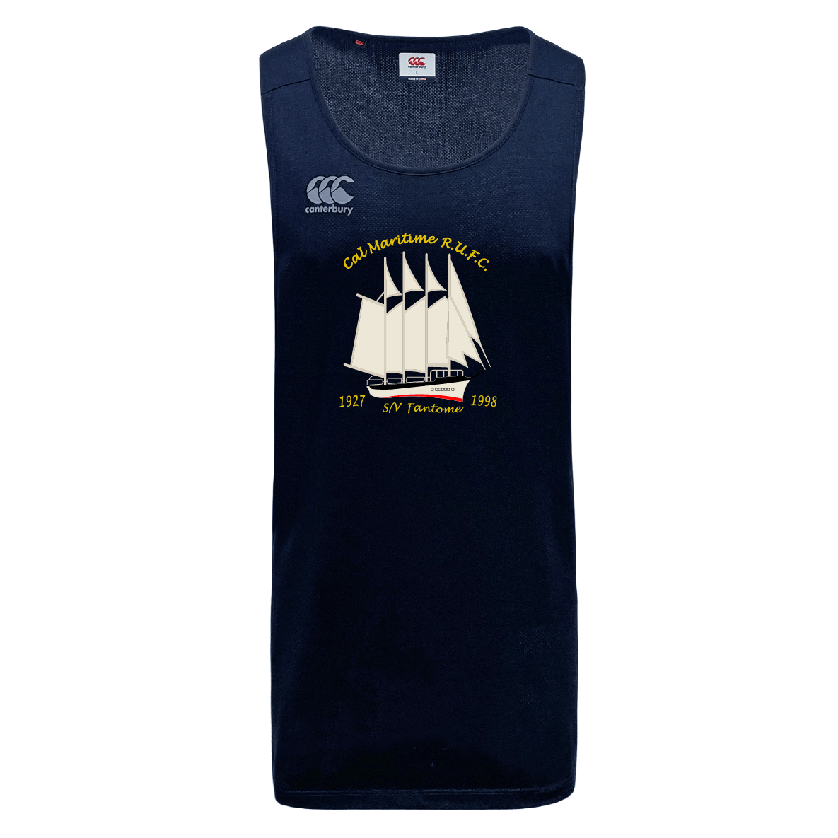 Navy blue Cal Maritime Rugby Tempo Vapodri Singlet by WRS Canterbury, featuring a ship graphic, gold "Cal Maritime R.F.C." text, and years "1927" and "1998"—a sustainable CCC sleeveless jersey made from recycled polyester.