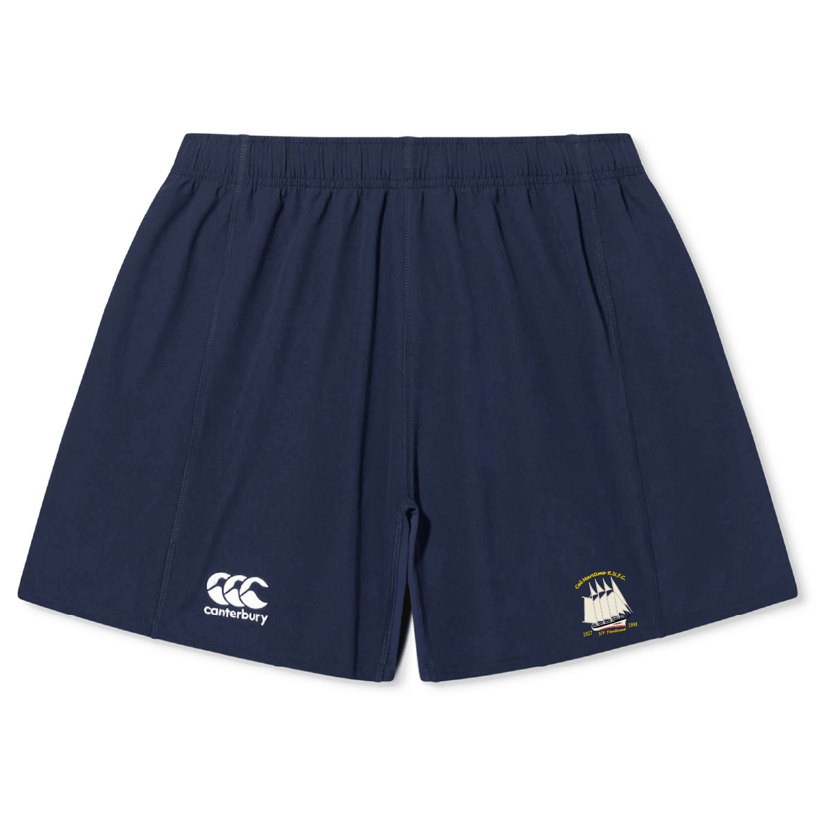 The Cal Maritime Rugby Yokohama Short by EMB Canterbury features durable navy blue fabric, an elastic waistband, the Canterbury logo, and a front boat emblem for secure fit and style.