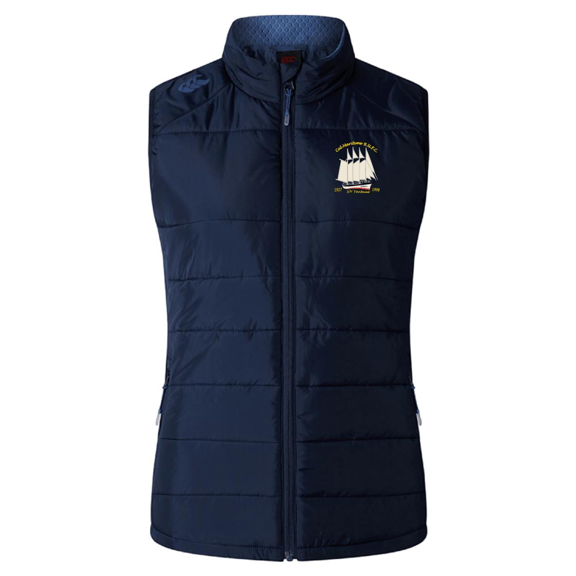 The Cal Maritime Rugby Women's Elite Microlite Gilet by EMB Canterbury is a navy blue insulated vest with a front zip, high collar, ship logo on the chest, and thermoreg fleece for warmth—ideal for elite performance.