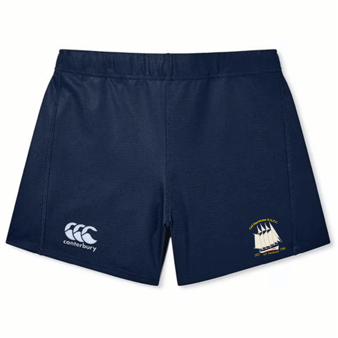 The Cal Maritime Rugby Women's Yokohama Short by EMB Canterbury is a navy blue rugby short with a white Canterbury logo on the left leg and a sailing ship emblem with text on the right leg.