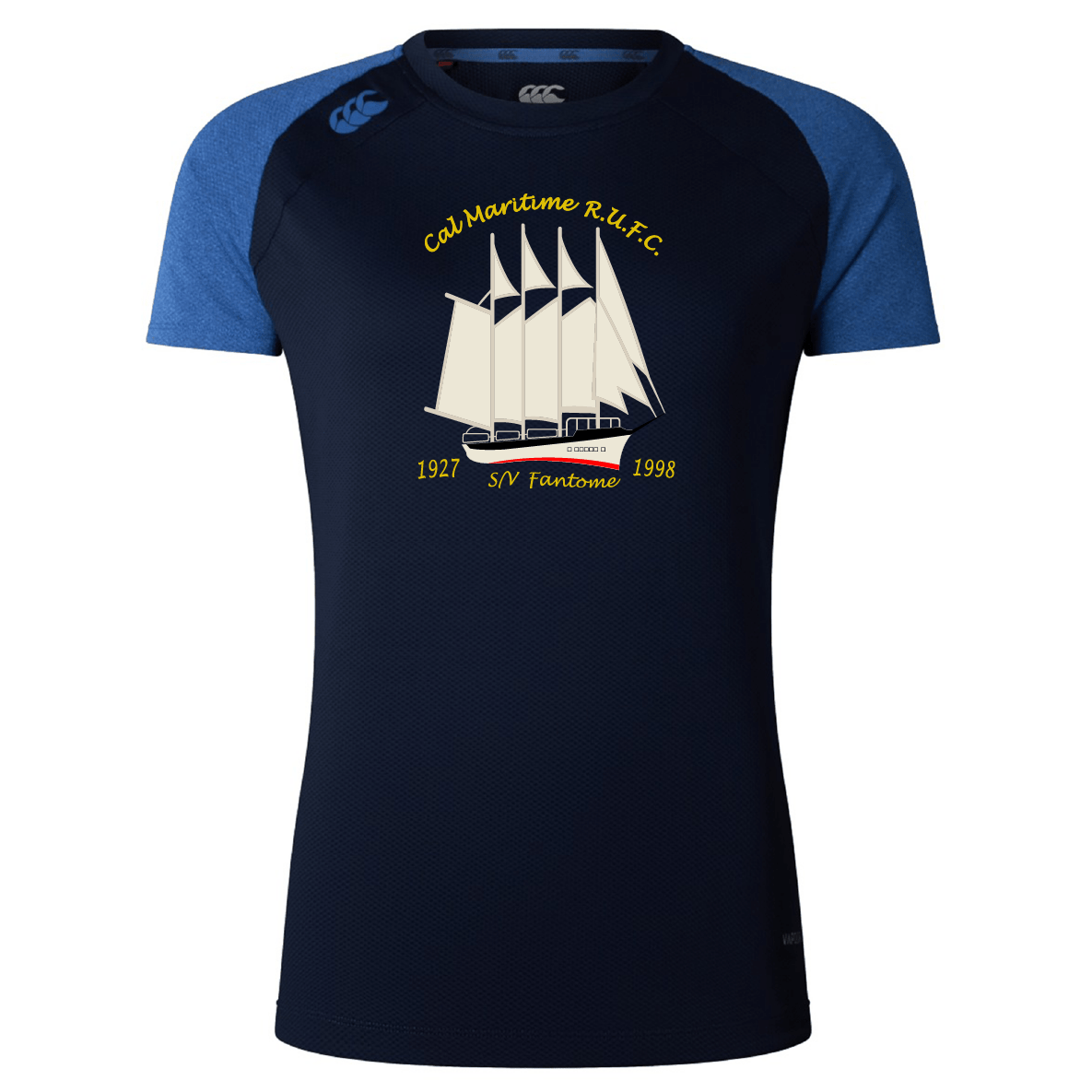 The Cal Maritime Rugby Women's Elite Training Tee by WRS Canterbury features a white sailing ship graphic, "Col Maritime R.U.F.C.," years 1927 and 1998, and "S/V Fantome" on a navy blue short-sleeve design in lightweight, breathable fabric.