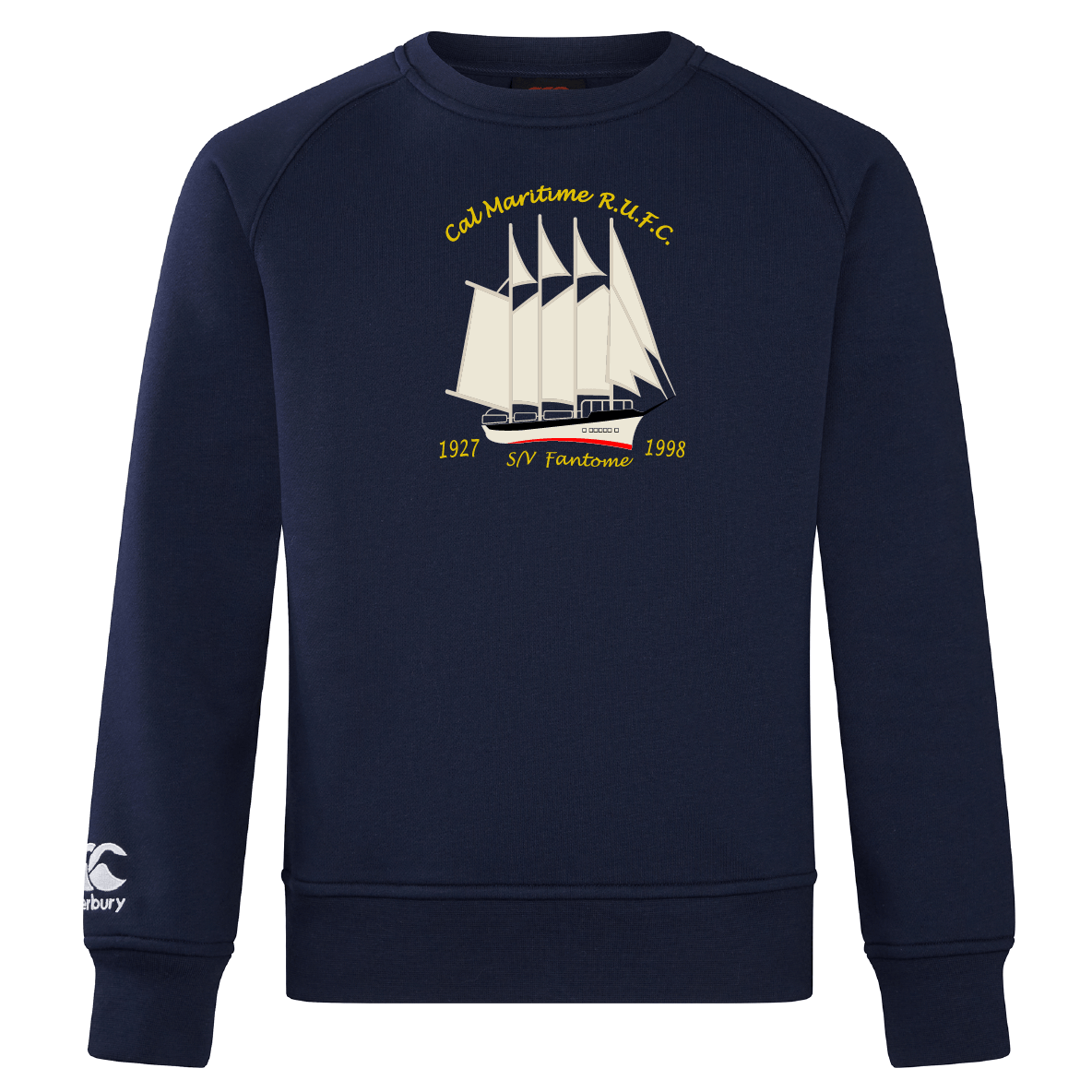 The Cal Maritime Rugby Club Crew Sweatshirt by WRS Canterbury is an ultra-soft navy top with a sailboat graphic, yellow "Cal Maritime R.I.L.F.C.," dates "1927" & "1998," and a small white logo on the left sleeve.