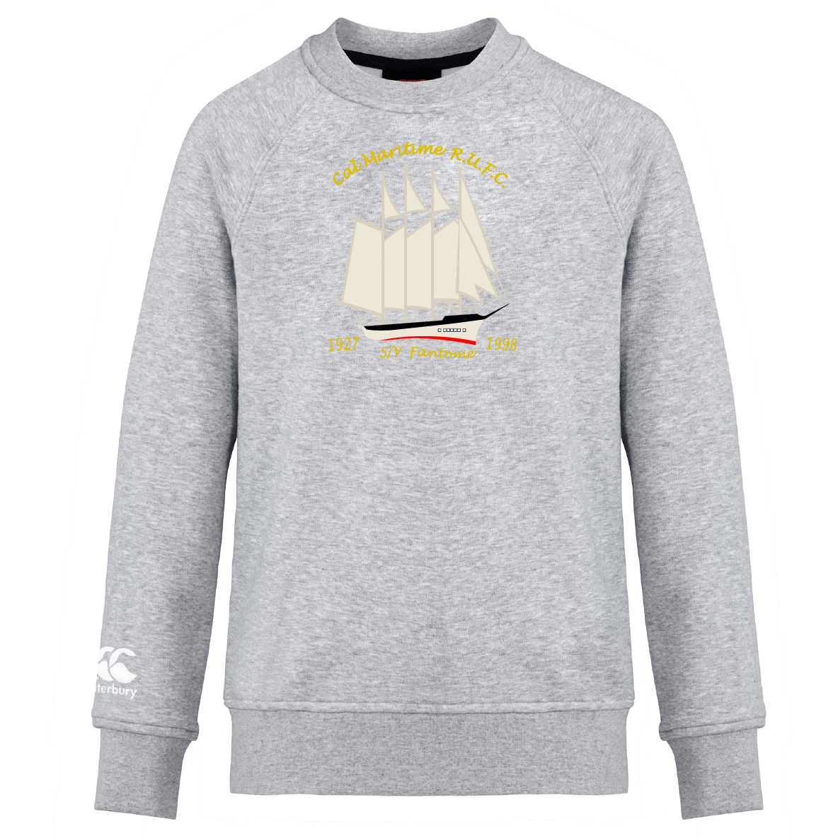 The Cal Maritime Rugby Club Crew Sweatshirt by WRS Canterbury features a sailboat illustration and yellow "Cad Maritime R.U.F.C. 1927 SY Fantome 1939" text on light grey ultra soft fabric for superior comfort.