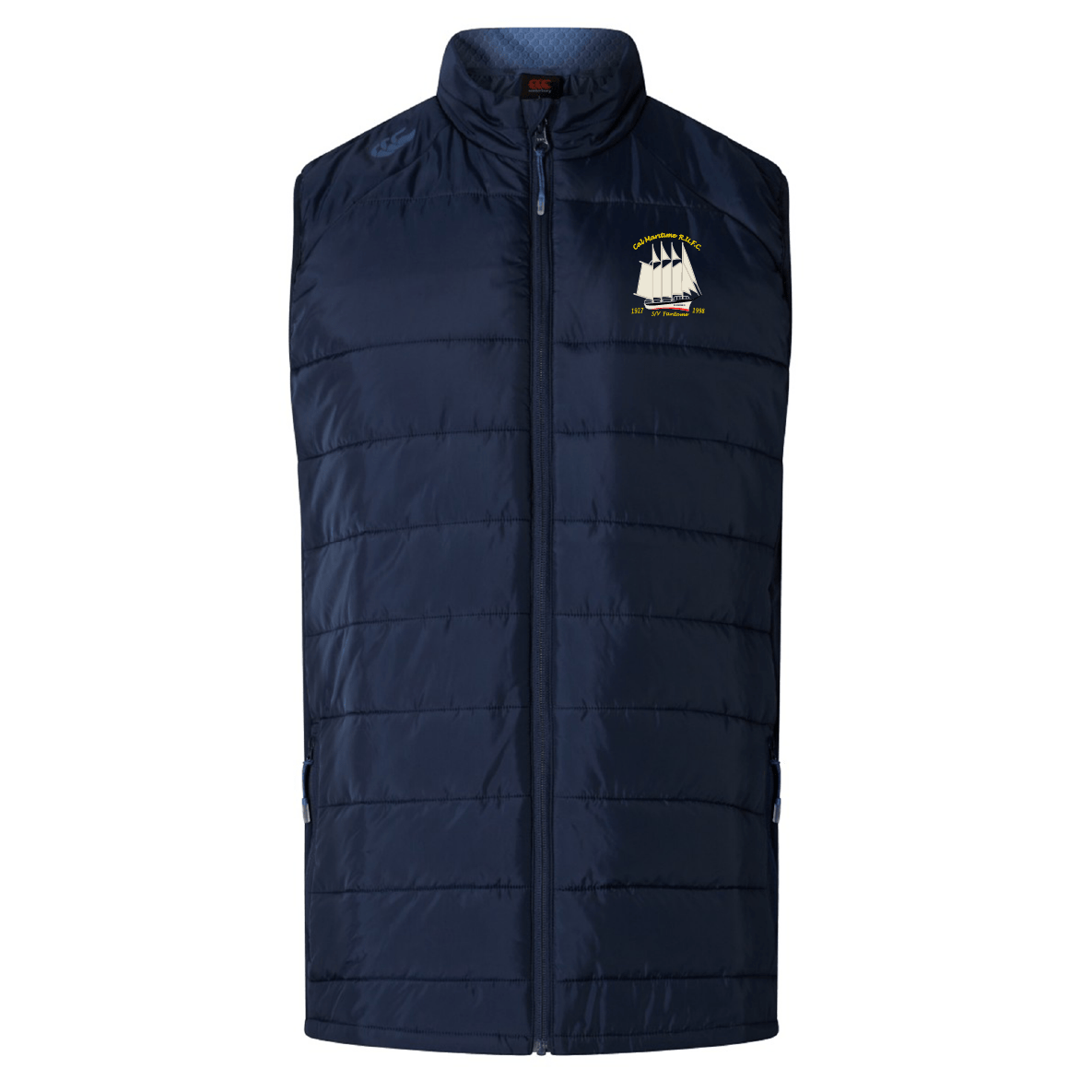 The EMB Canterbury Cal Maritime Rugby Elite Microlite Gilet is a navy blue, sleeveless insulated vest with a front zipper and small sailing ship logo on the left chest, inspired by the Canterbury Elite Gilet style.
