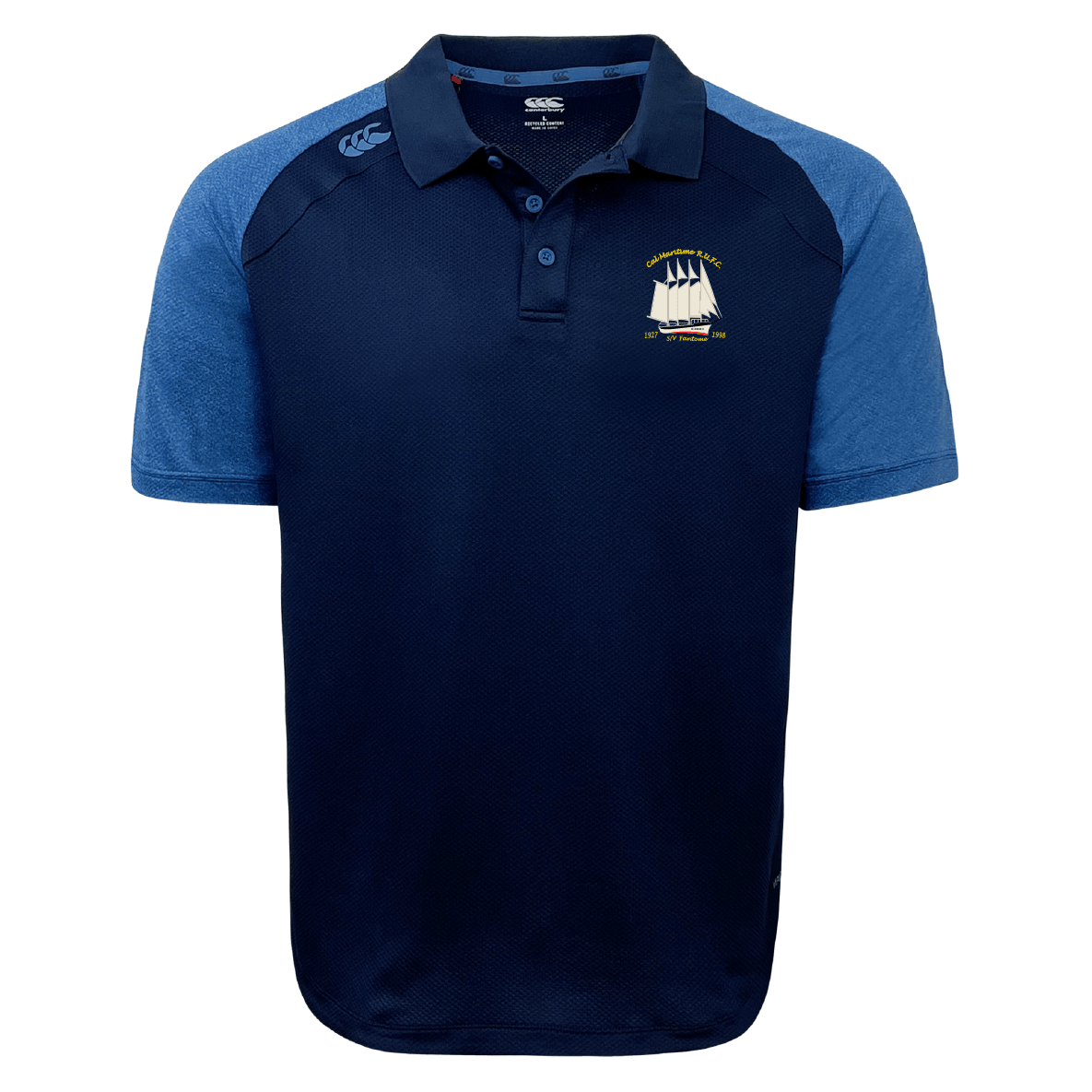 The Cal Maritime Rugby Elite Polo by EMB Canterbury features short navy and light blue sleeves, a collar, and a sailboat logo on the chest. Made from Vapodri fabric, this lightweight, durable polo is perfect for everyday wear.