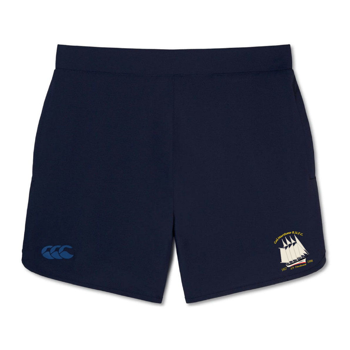 The Cal Maritime Rugby Elite Woven Short by EMB Canterbury features a navy blue design with a ship logo and yellow text on the right leg, a blue Canterbury logo on the left, zippered pockets, and is shown on a white background.