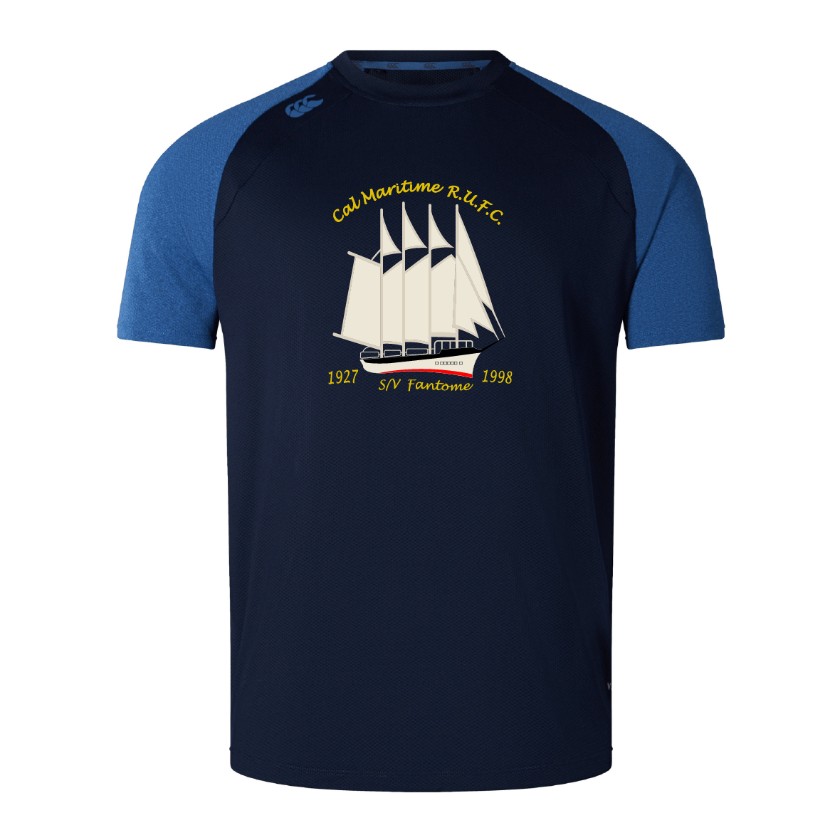 The Cal Maritime Rugby Elite Training Tee by WRS Canterbury is a navy blue short-sleeve shirt with a sailing ship graphic and "Col Maritime R.L.F.C. 1927 1998 SV Fantome" on the chest, crafted for comfort and versatility.