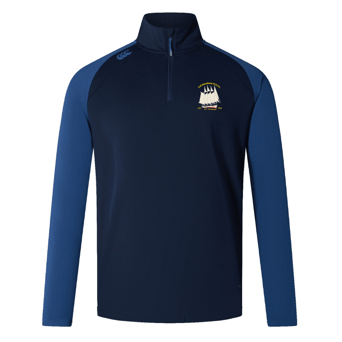 The Cal Maritime Rugby Elite First Layer by EMB Canterbury is a navy and royal blue quarter-zip training top featuring a sailing ship logo on the left chest, small right shoulder logo, and VapoDri tech for workout comfort.
