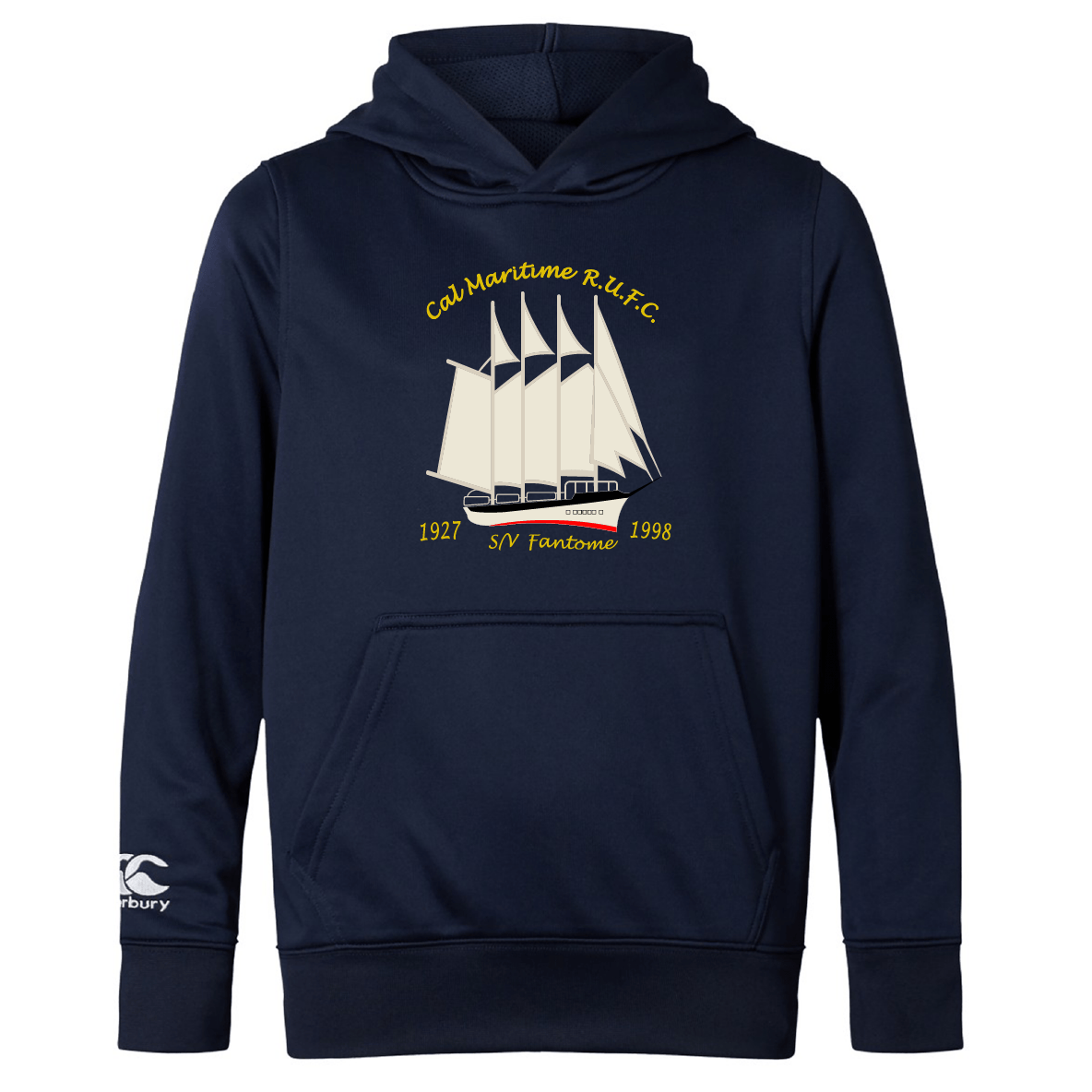 The Cal Maritime Rugby Club Lightweight Hoodie by WRS Canterbury is a navy blue hoodie with a white sailing ship, “Cal Maritime R.I.U.F.C.,” 1927-1998 and “S/V Fantome” graphics, kangaroo pocket, and Canterbury Club sleeve logo.